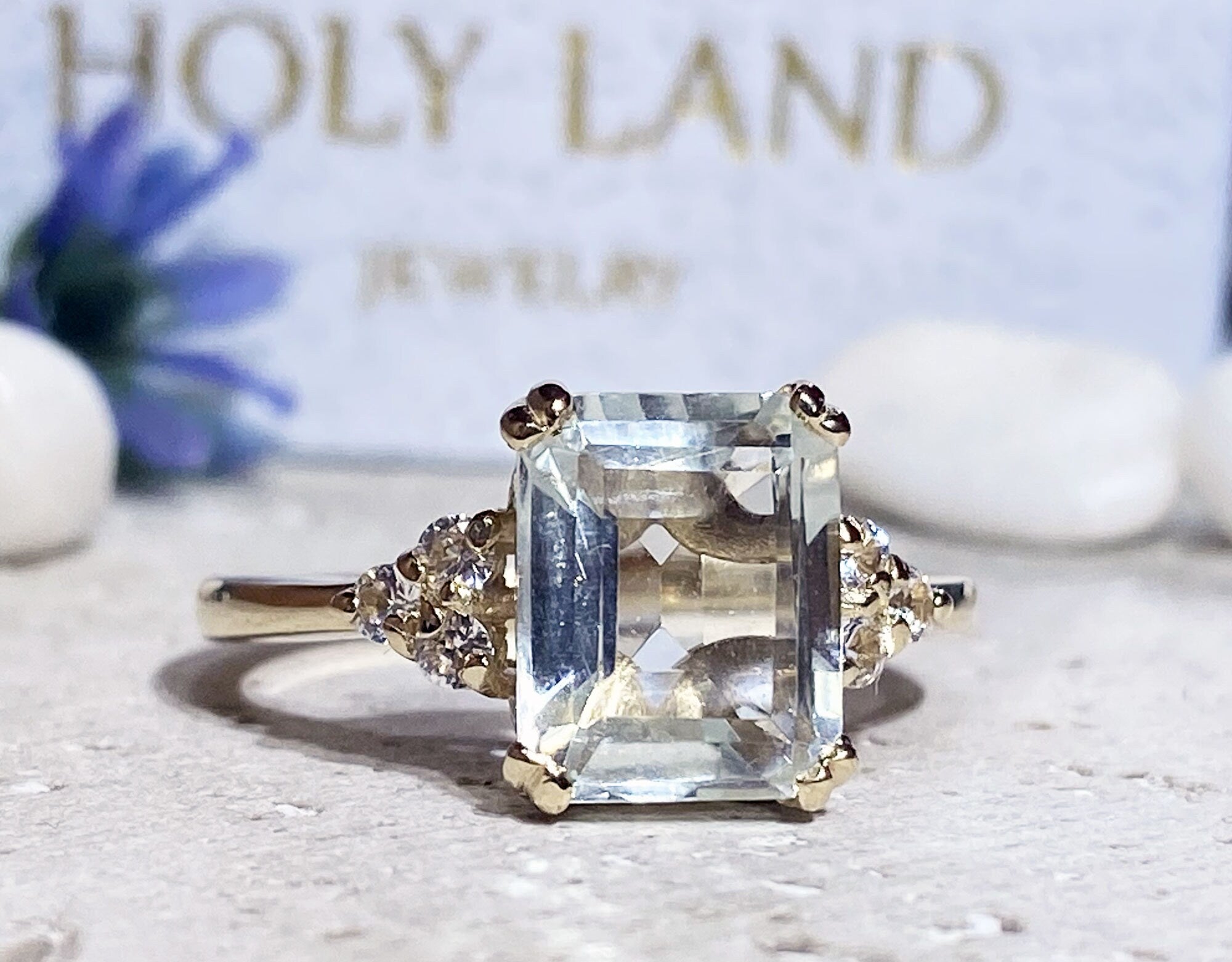 Green Amethyst Ring - Statement Engagement Ring with Octagon Green Amethyst Gemstone and Clear Quartz Accents - H.L.Jewelry