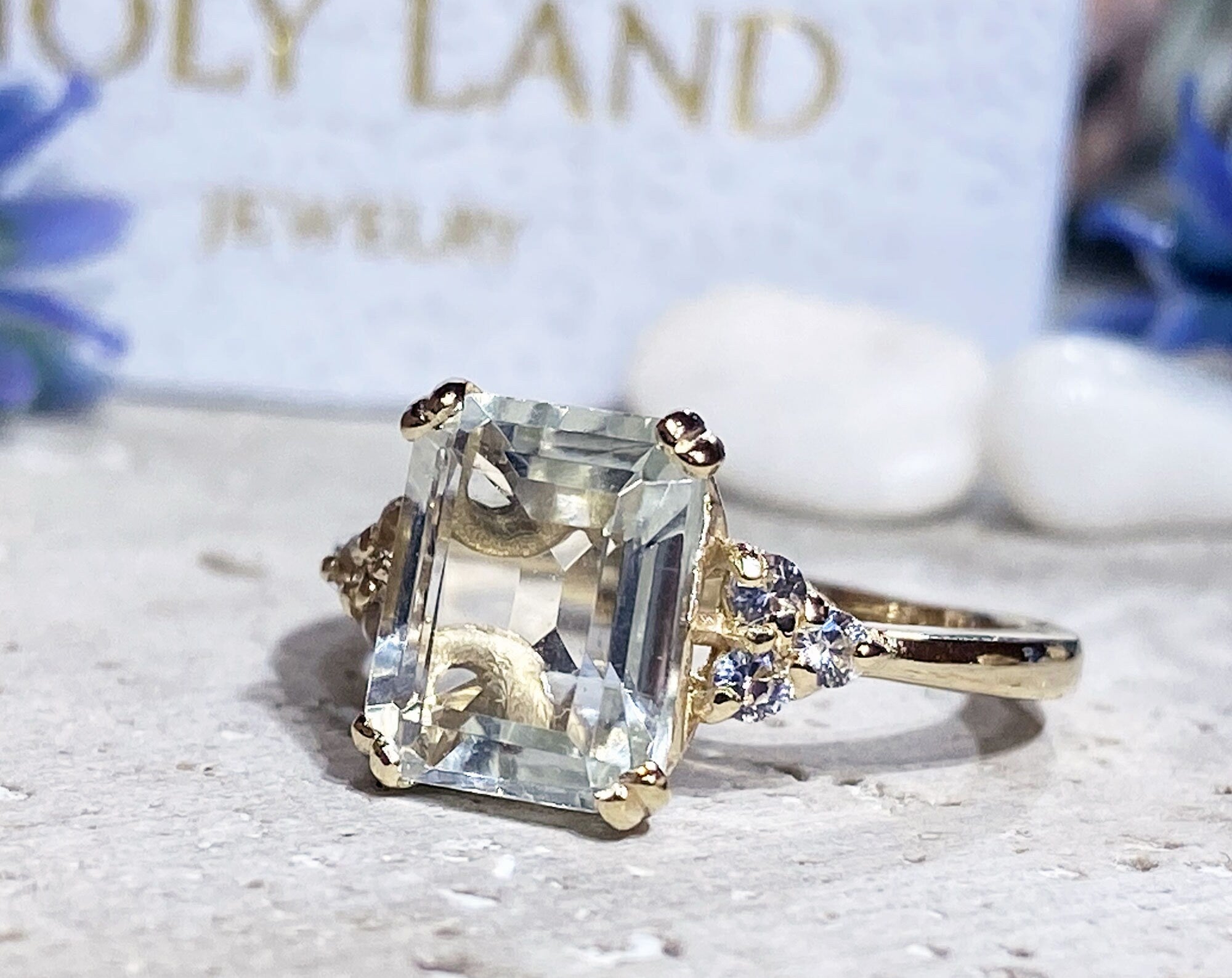 Green Amethyst Ring - Statement Engagement Ring with Octagon Green Amethyst Gemstone and Clear Quartz Accents - H.L.Jewelry