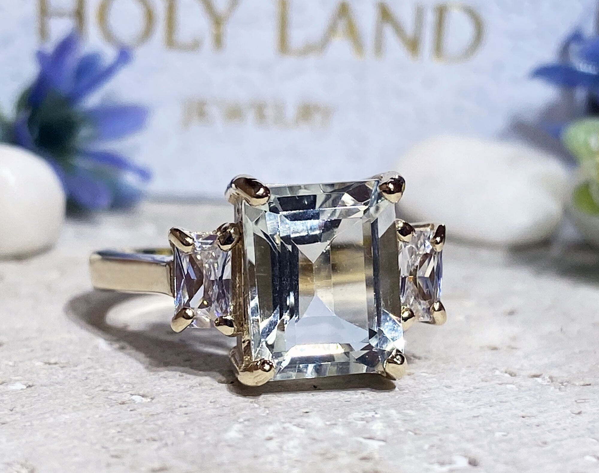 Green Amethyst Ring - Statement Engagement Ring with Octagon Green Amethyst Gemstone and Clear Quartz Accents - H.L.Jewelry