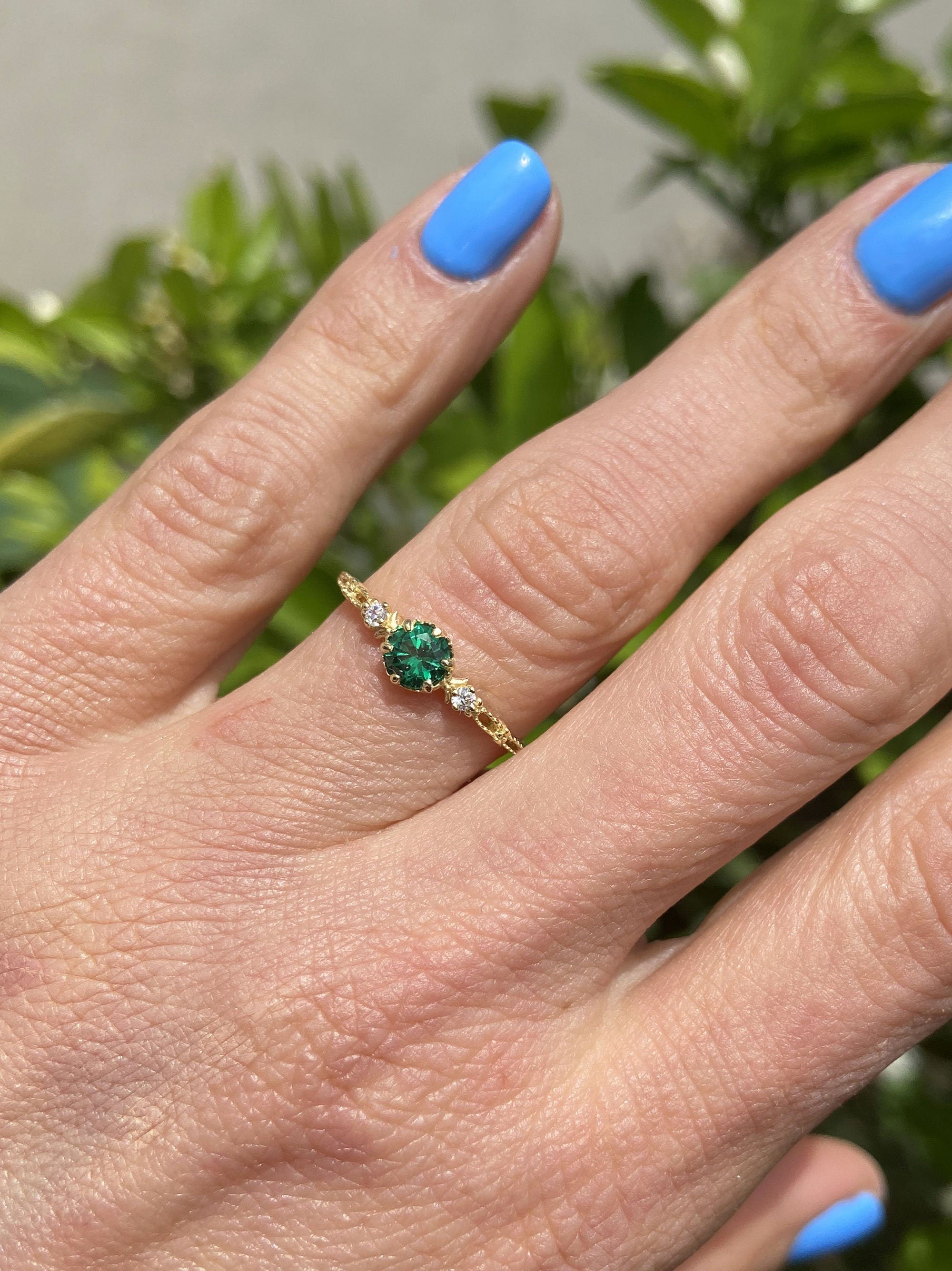 Emerald Ring - May Birthstone - Delicate Ring with Round Emerald Gemstone and Clear Quartz Accents - H.L.Jewelry