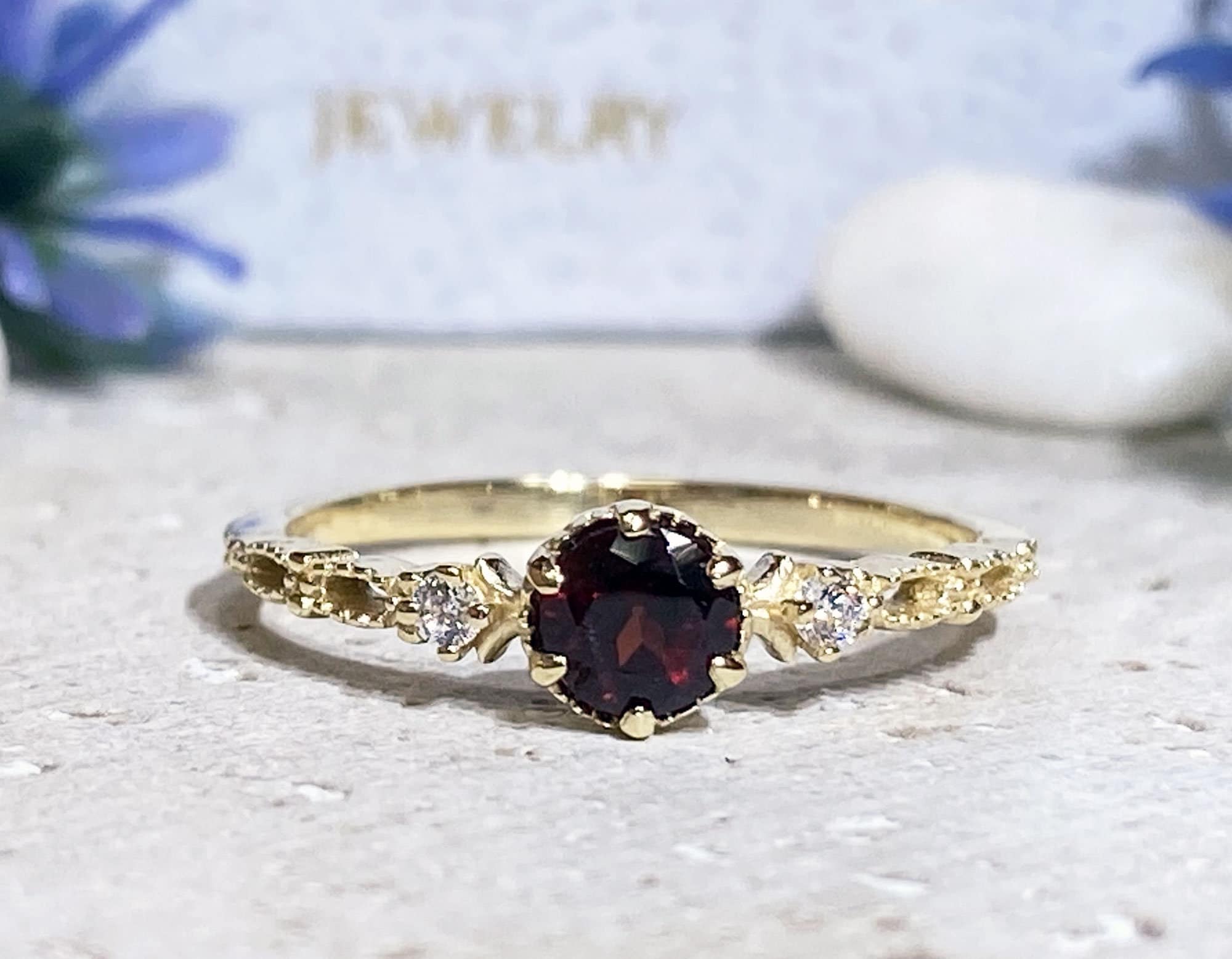 Red Garnet Ring - January Birthstone - Delicate Ring with Round Red Garnet Gemstone and Clear Quartz Accents - H.L.Jewelry