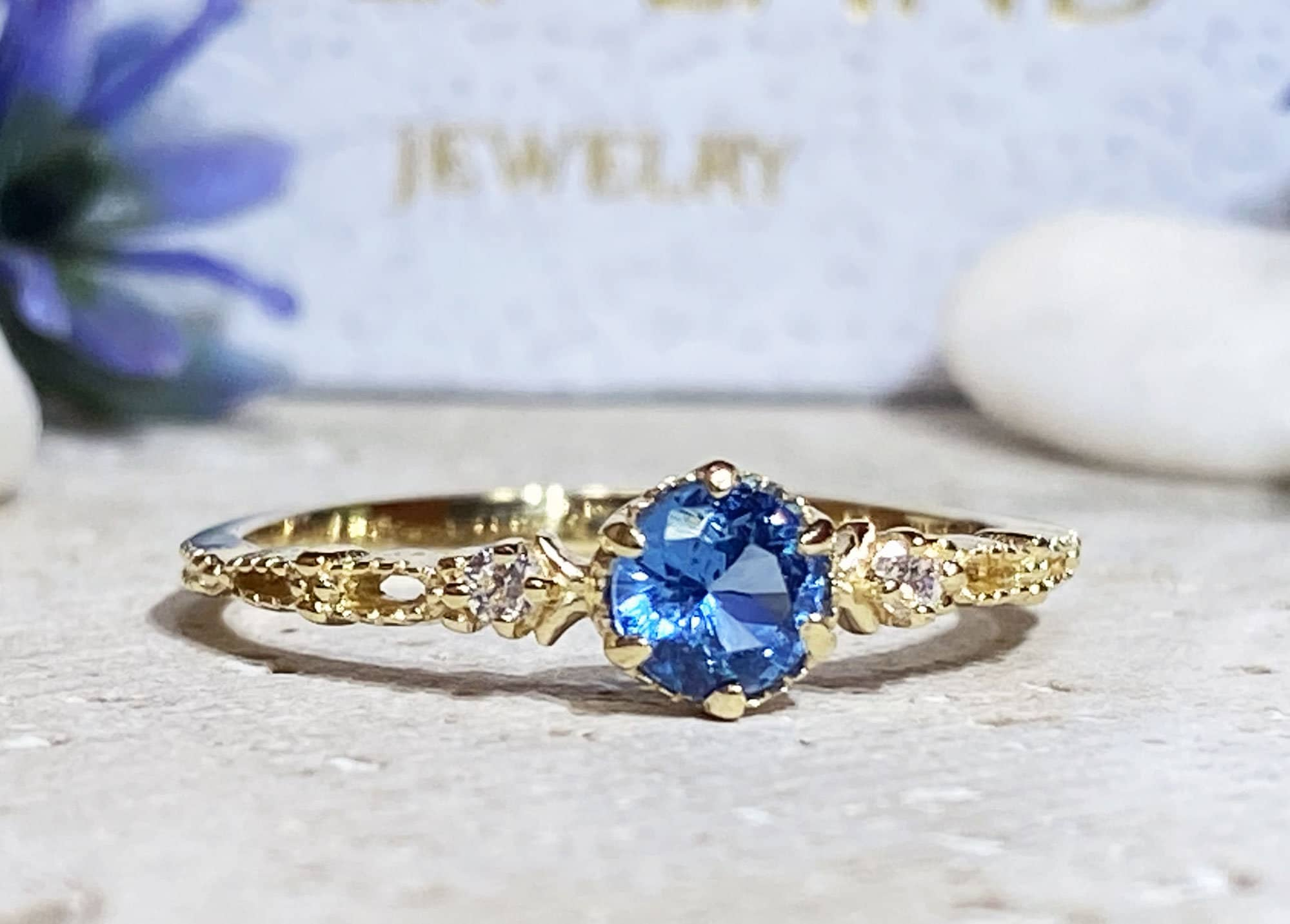 Blue Topaz Ring - December Birthstone - Tiny Delicate Ring with Round Blue Topaz Gemstone and Clear Quartz Accents - H.L.Jewelry