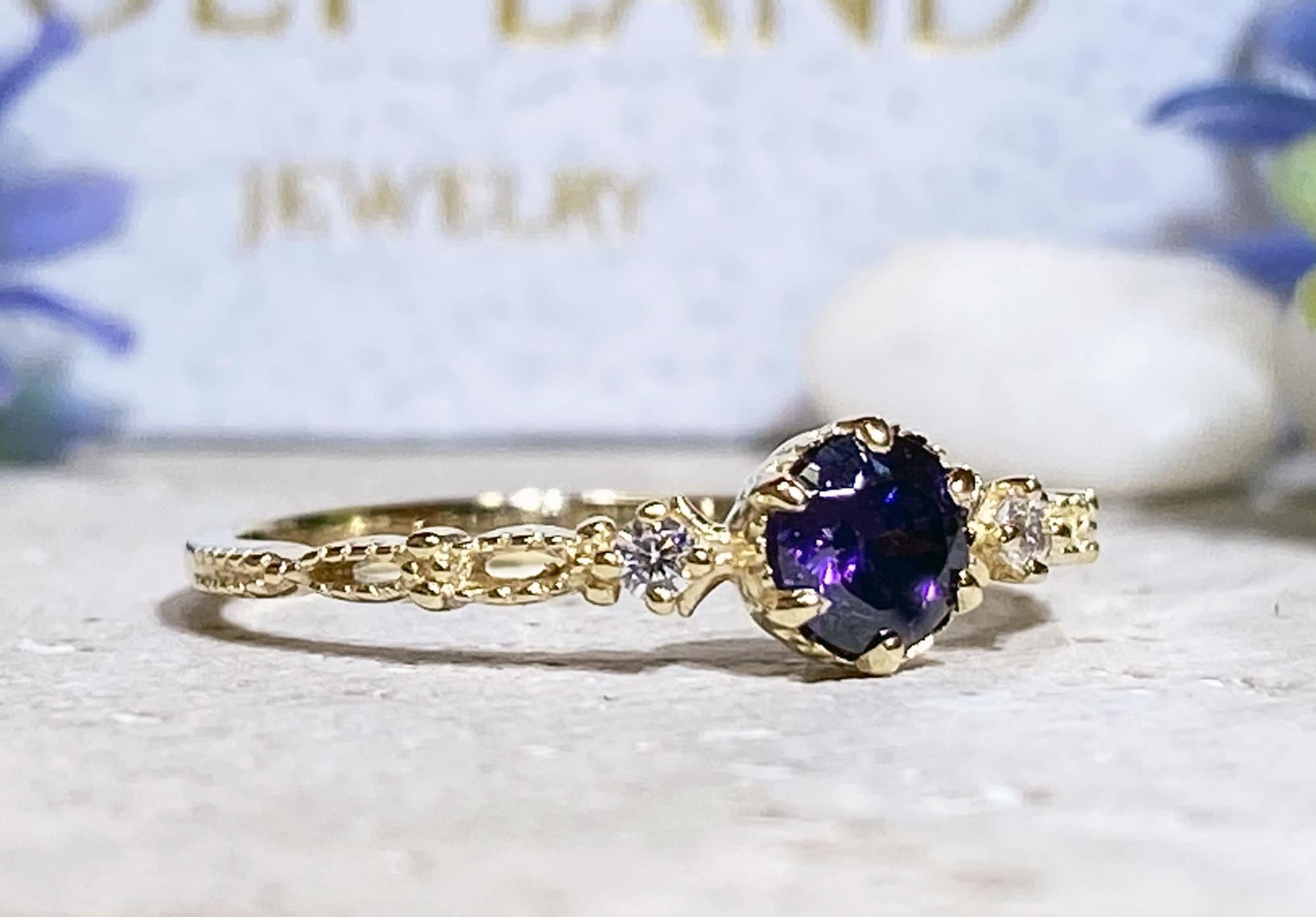 Amethyst Ring - February Birthstone - Ring with Round Amethyst Center Stone and Clear Quartz Accents - H.L.Jewelry