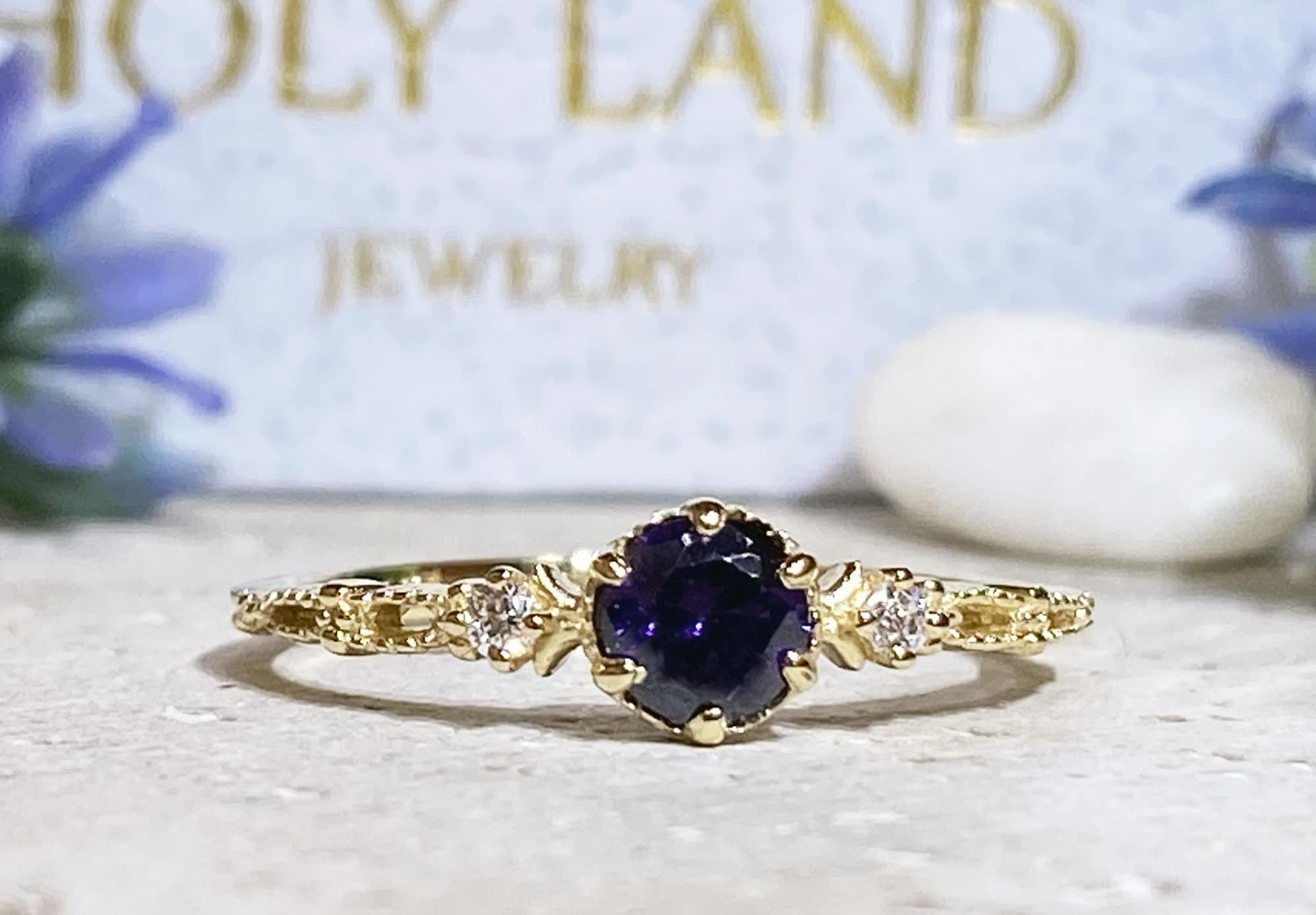 Amethyst Ring - February Birthstone - Ring with Round Amethyst Center Stone and Clear Quartz Accents - H.L.Jewelry