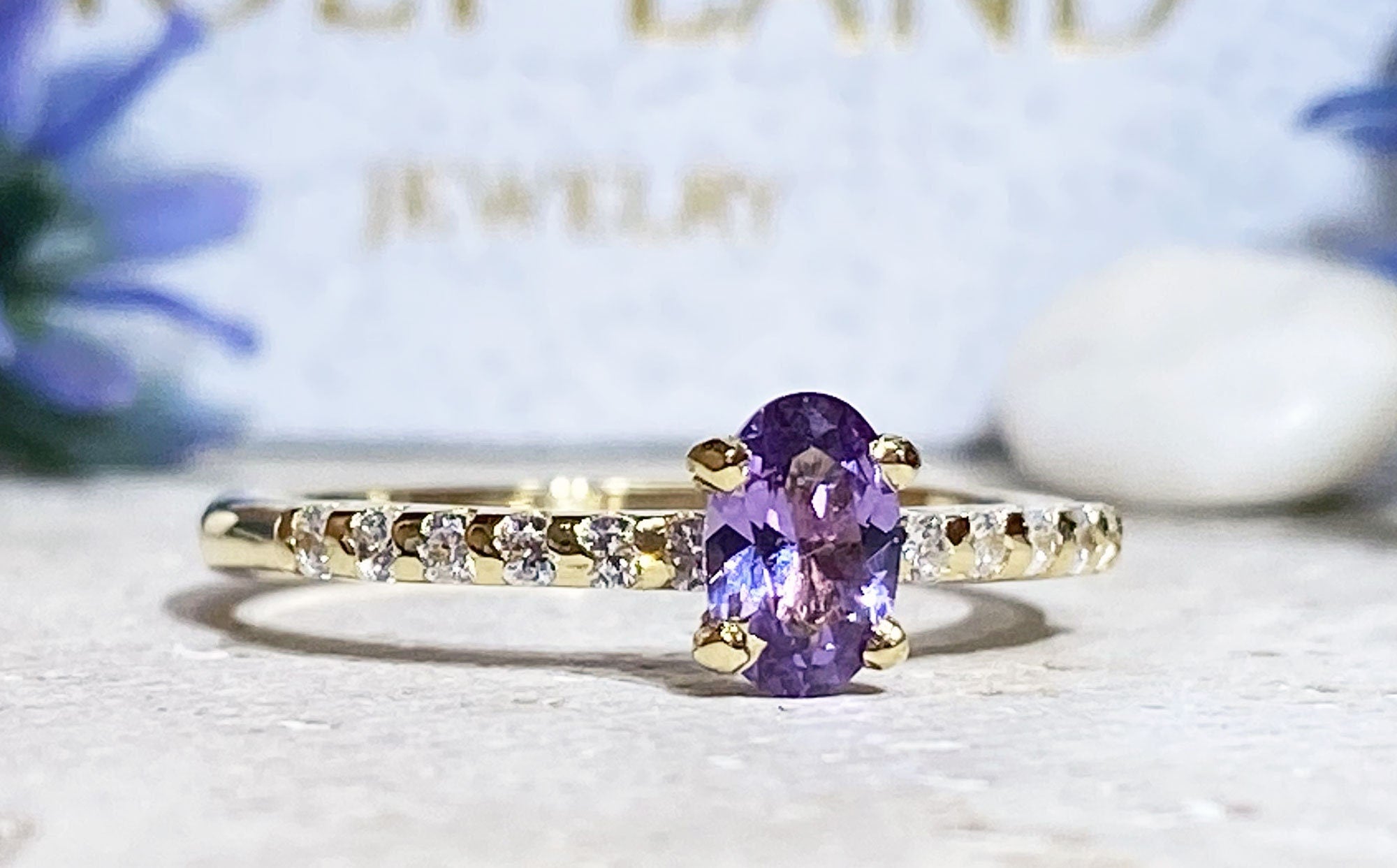 Alexandrite Ring - June Birthstone - Ring with Oval Alexandrite Gemstone and Clear Quartz Accents - H.L.Jewelry