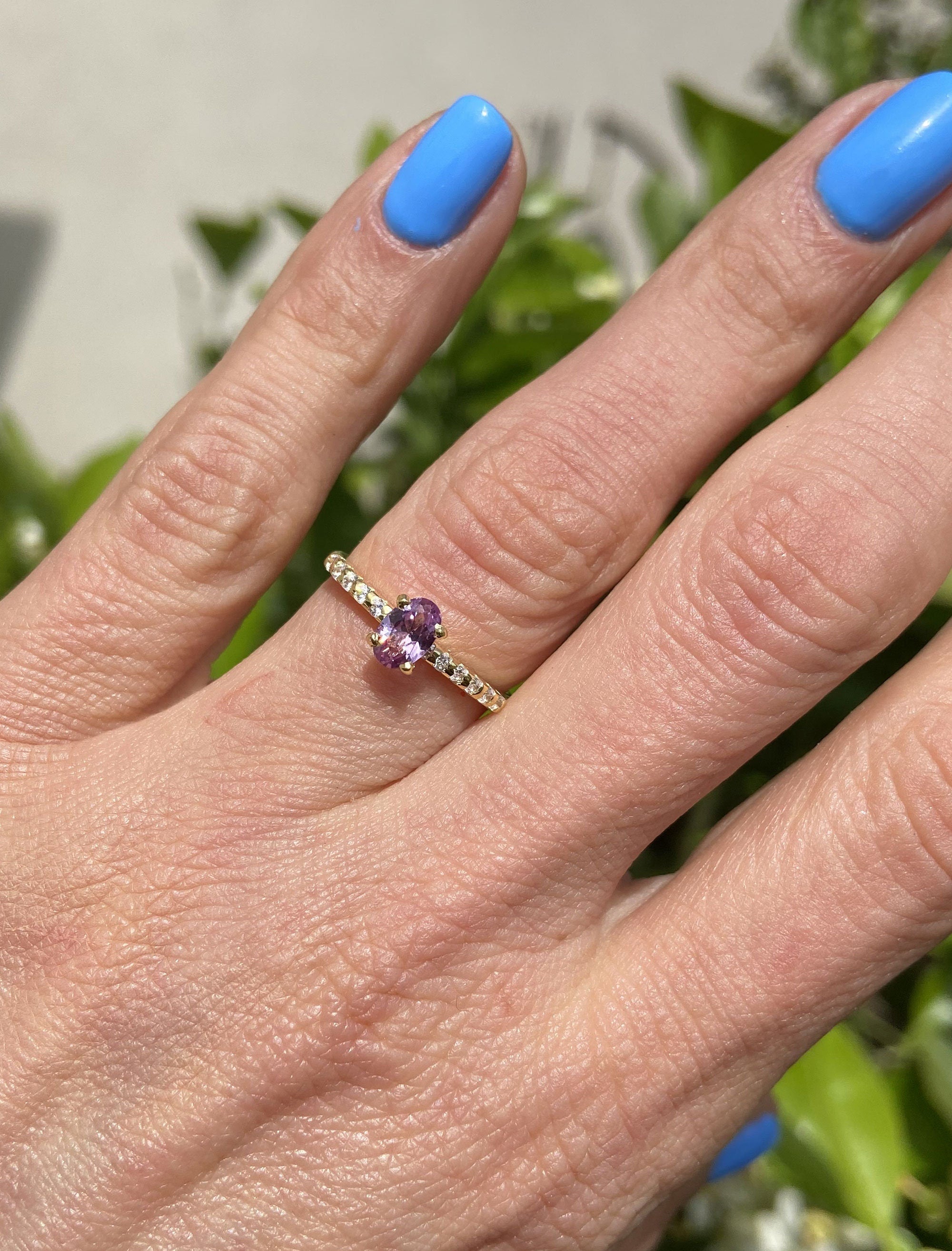 Alexandrite Ring - June Birthstone - Ring with Oval Alexandrite Gemstone and Clear Quartz Accents - H.L.Jewelry