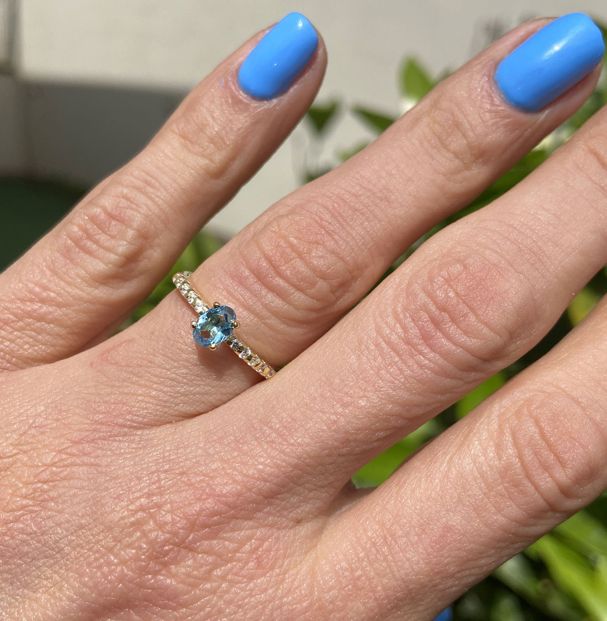 Blue Topaz Ring - December Birthstone - Delicate Oval Blue Topaz Gemstone Ring with Clear Quartz Accents - H.L.Jewelry