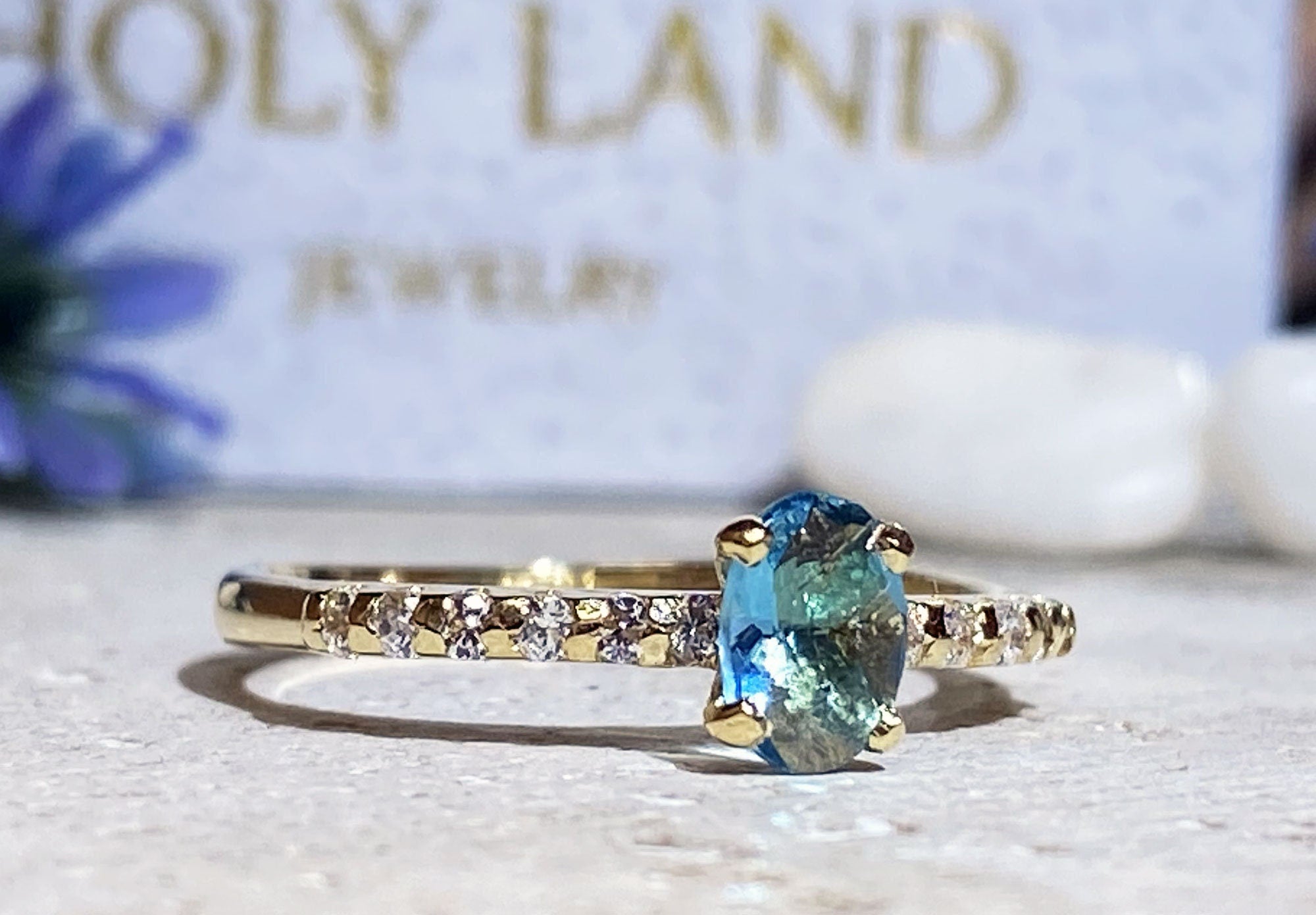 Blue Topaz Ring - December Birthstone - Oval Blue Topaz Ring with Clear Quartz Accents - H.L.Jewelry