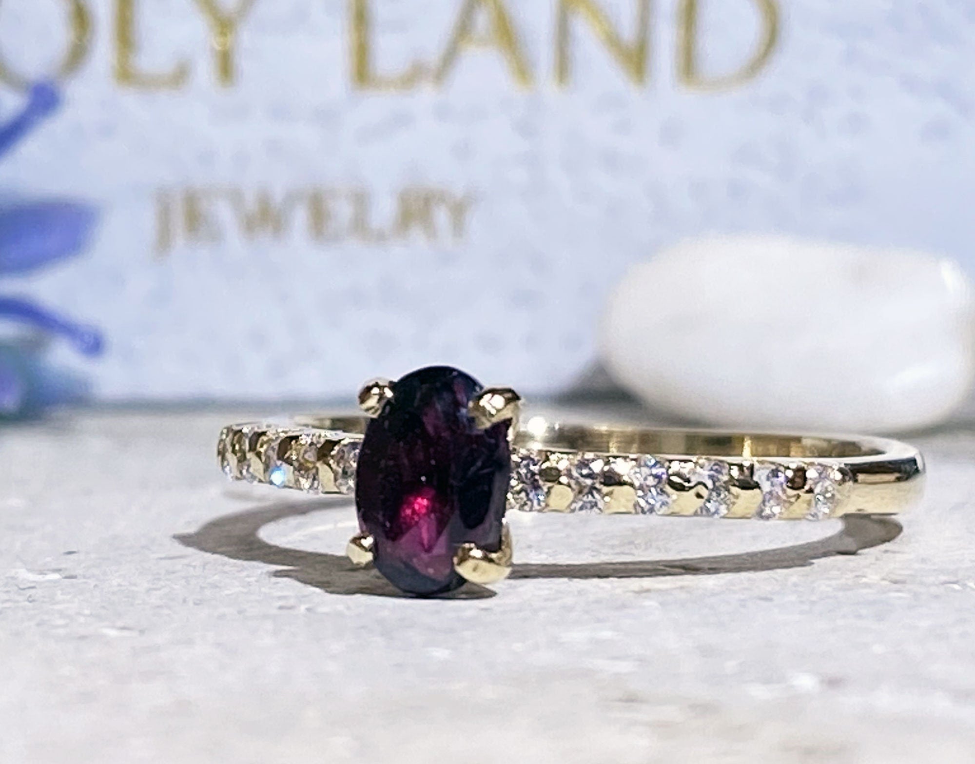 Red Garnet Ring - January Birthstone - Oval Red Garnet Gemstone Ring with Clear Quartz Accents - H.L.Jewelry