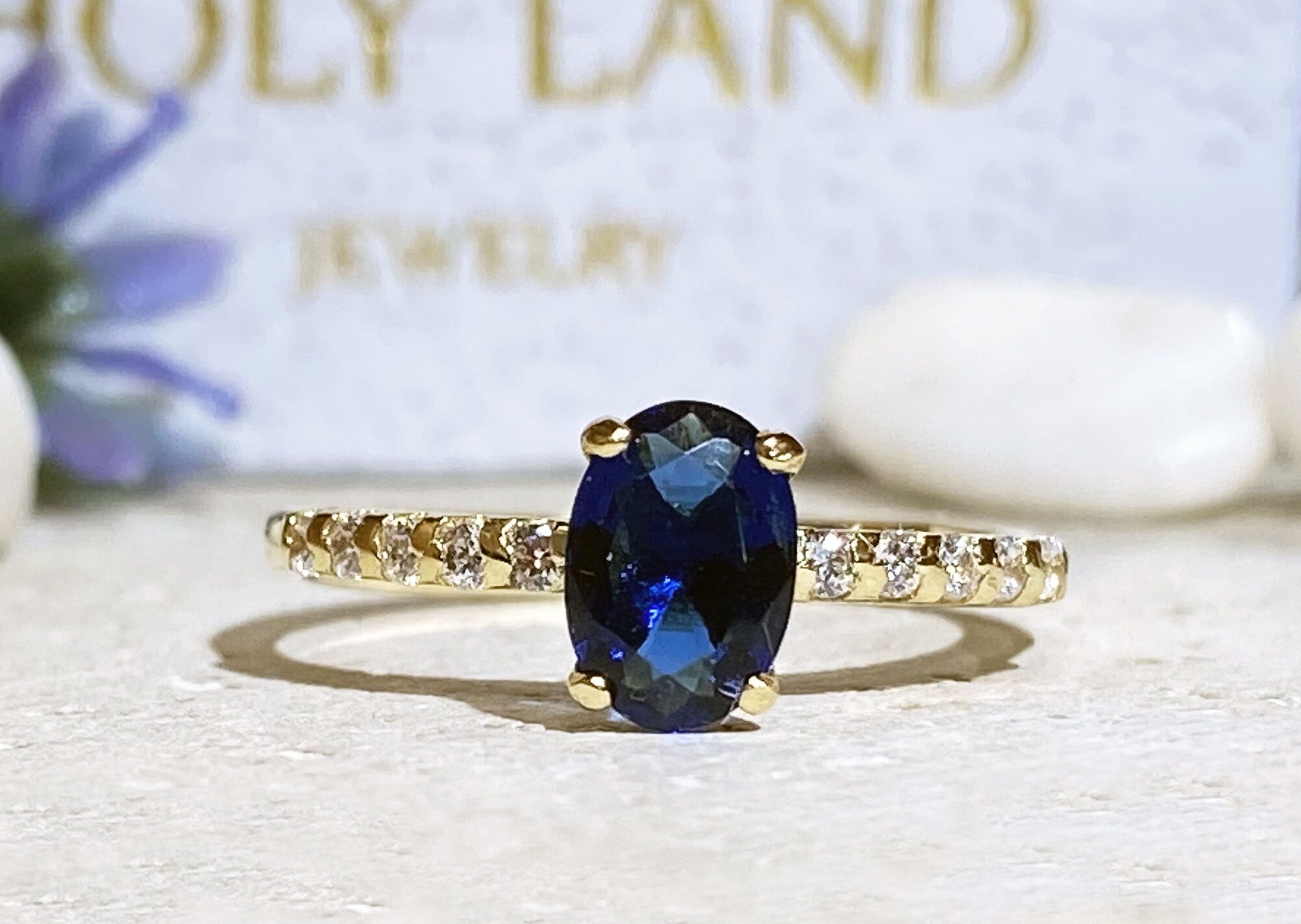 Blue Sapphire Ring - September Birthstone - Oval Blue Sapphire Gemstone Ring with Clear Quartz Accents - H.L.Jewelry