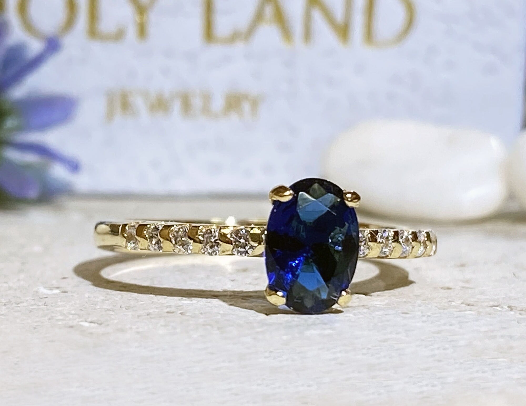 Blue Sapphire Ring - September Birthstone - Oval Blue Sapphire Gemstone Ring with Clear Quartz Accents - H.L.Jewelry