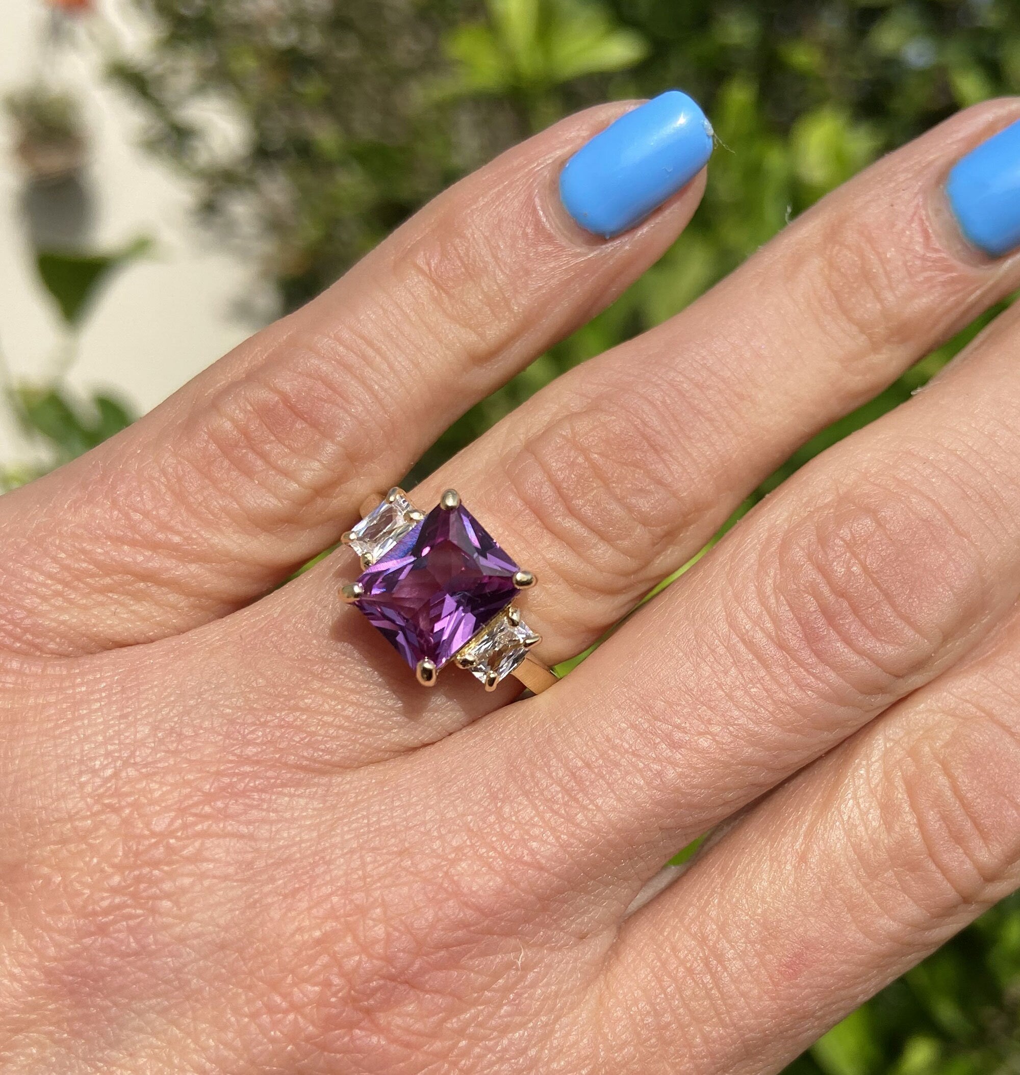 Alexandrite Ring - June Birthstone - Octagon Alexandrite Engagement Ring with Clear Quartz Accents - H.L.Jewelry