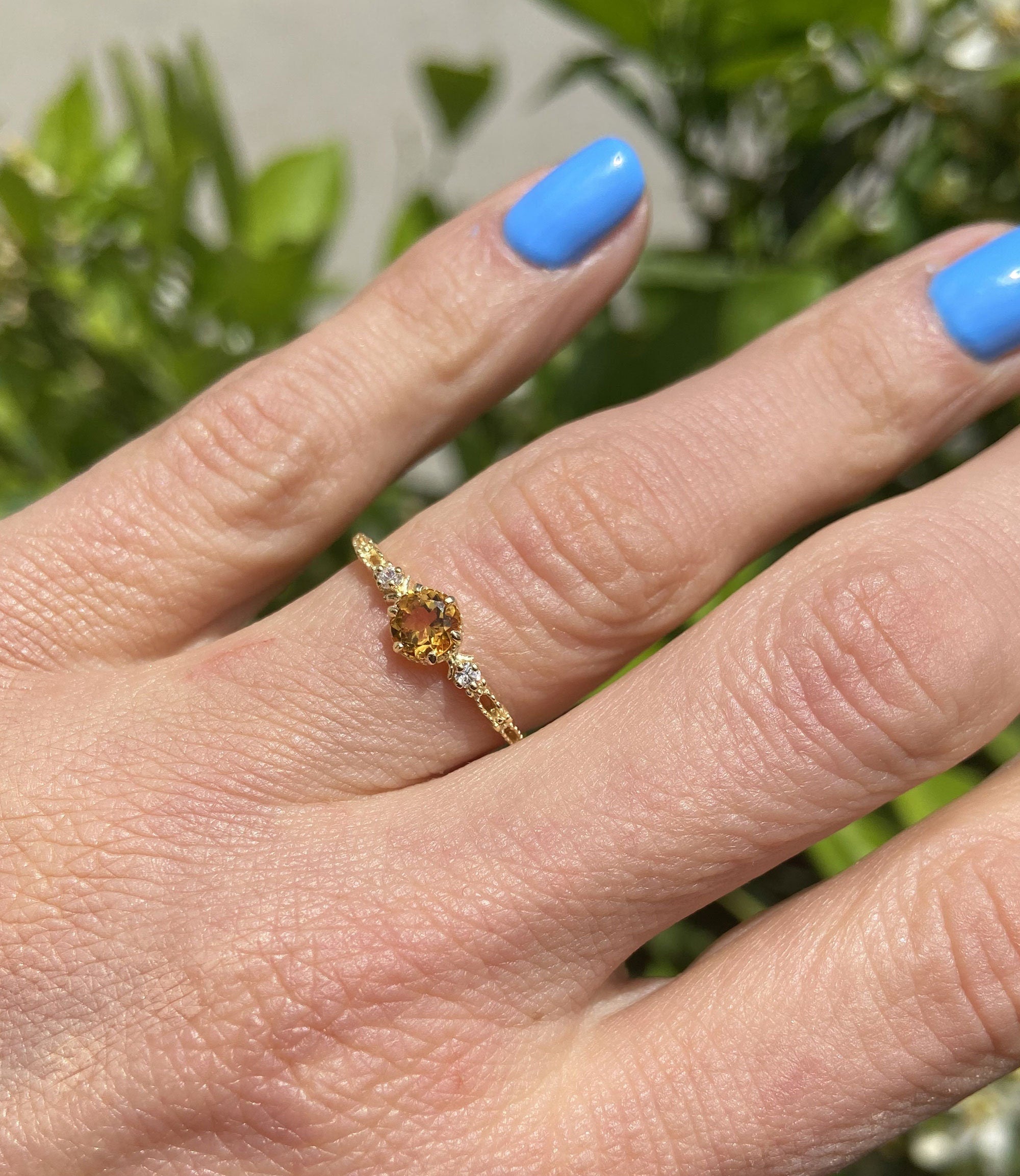 Citrine Ring - November Birthstone - Delicate Ring with Round Citrine Center Stone and Clear Quartz Accents - H.L.Jewelry