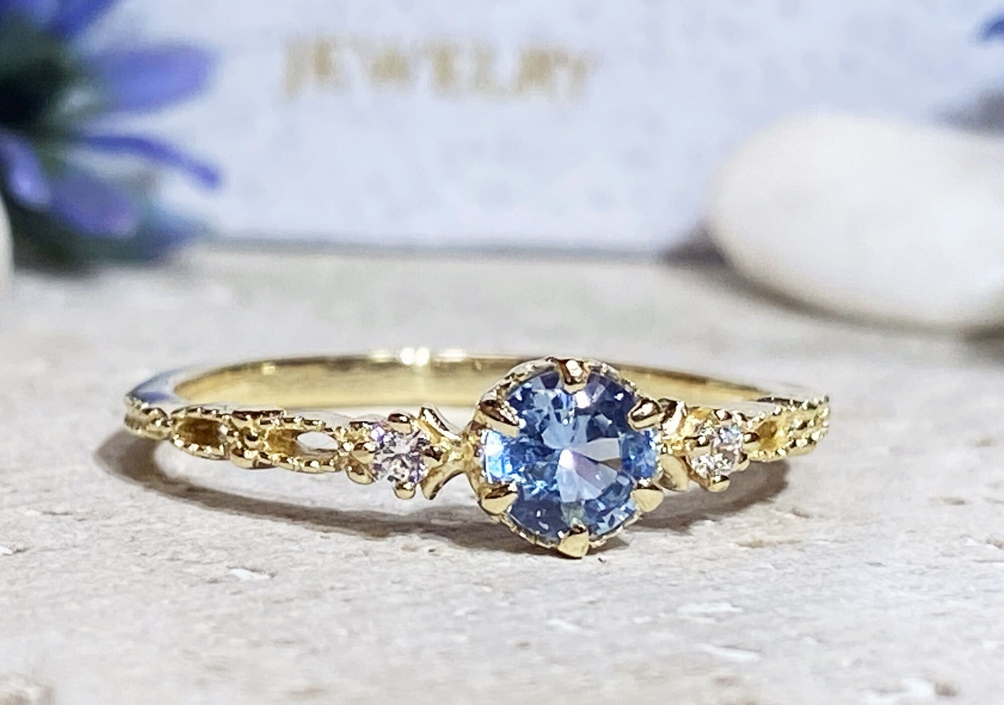 Aquamarine Ring - March Birthstone - Delicate Round Aquamarine Ring and Clear Quartz Accents - H.L.Jewelry