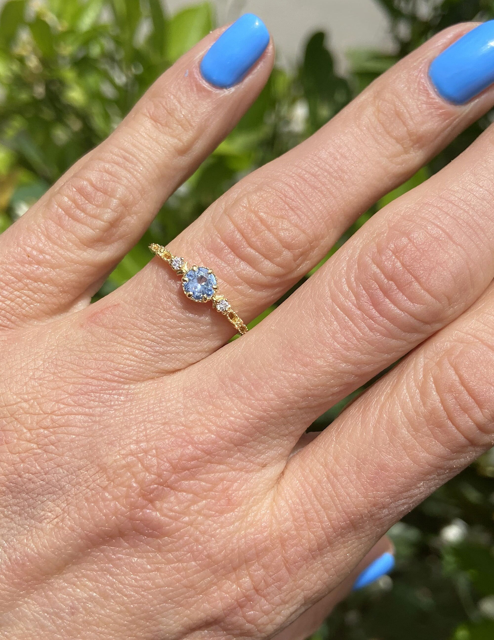 Aquamarine Ring - March Birthstone - Delicate Round Aquamarine Ring and Clear Quartz Accents - H.L.Jewelry