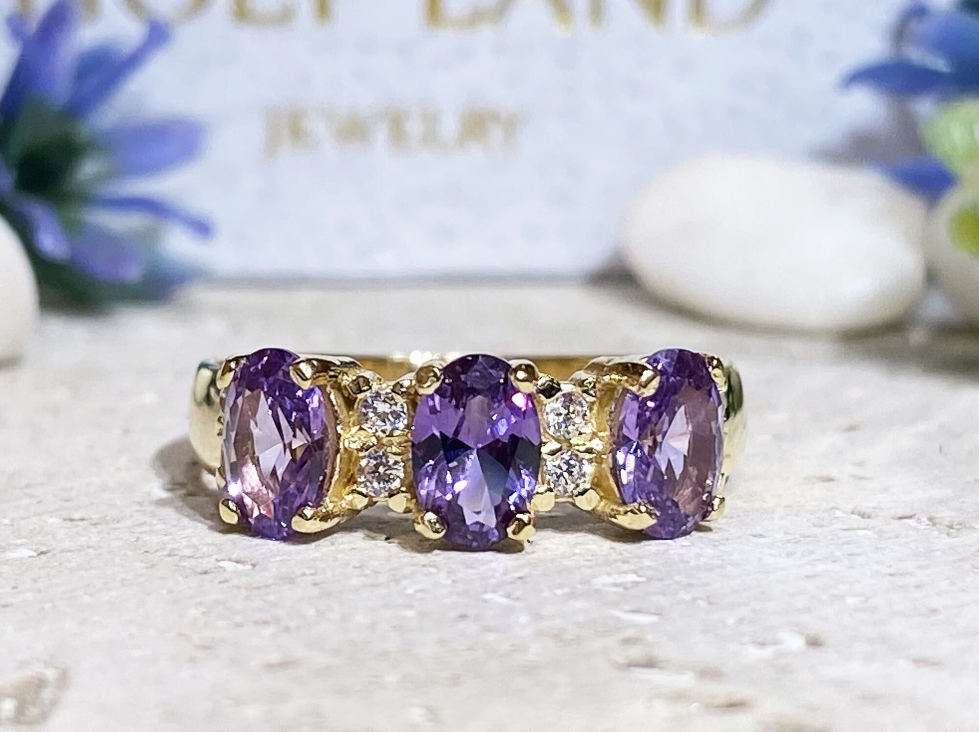 Alexandrite Ring - June Birthstone - Ring with Three Oval Alexandrite Gemstones and Clear Quartz Accents - H.L.Jewelry