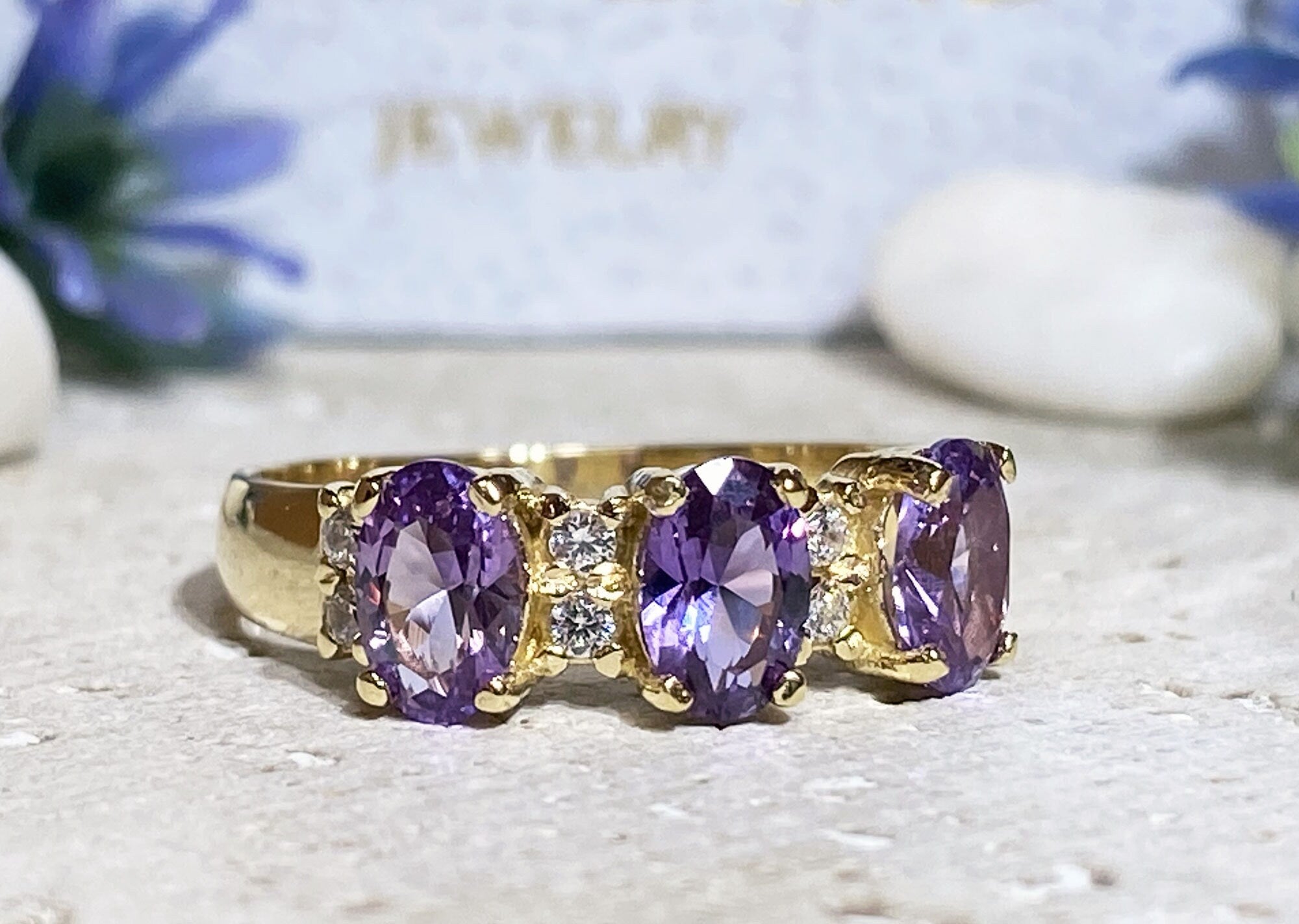 Alexandrite Ring - June Birthstone - Ring with Three Oval Alexandrite Gemstones and Clear Quartz Accents - H.L.Jewelry