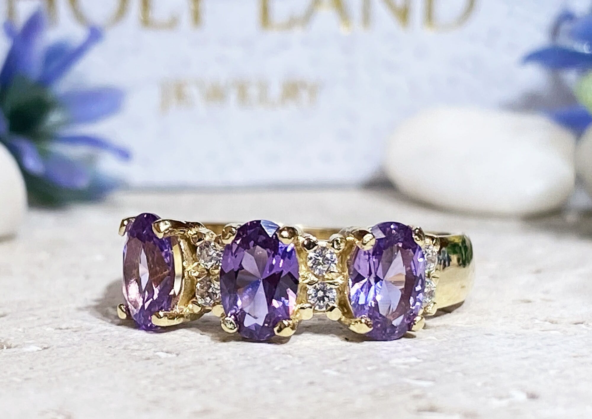 Alexandrite Ring - June Birthstone - Ring with Three Oval Alexandrite Gemstones and Clear Quartz Accents - H.L.Jewelry