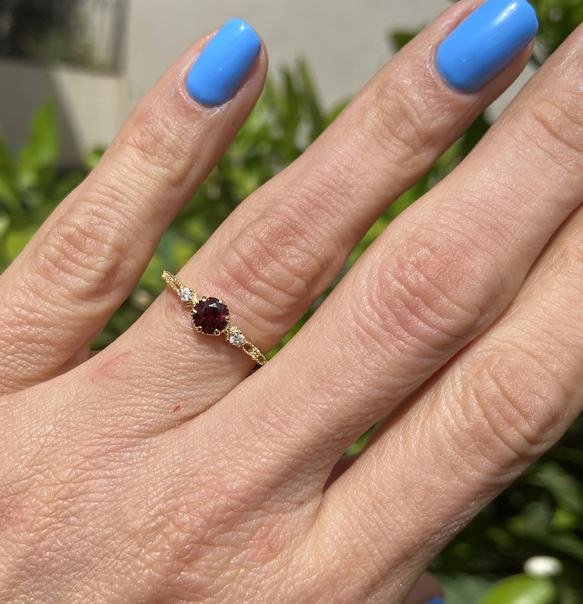 Red Garnet Ring - January Birthstone - Delicate Ring with Round Red Garnet Gemstone and Clear Quartz Accents - H.L.Jewelry