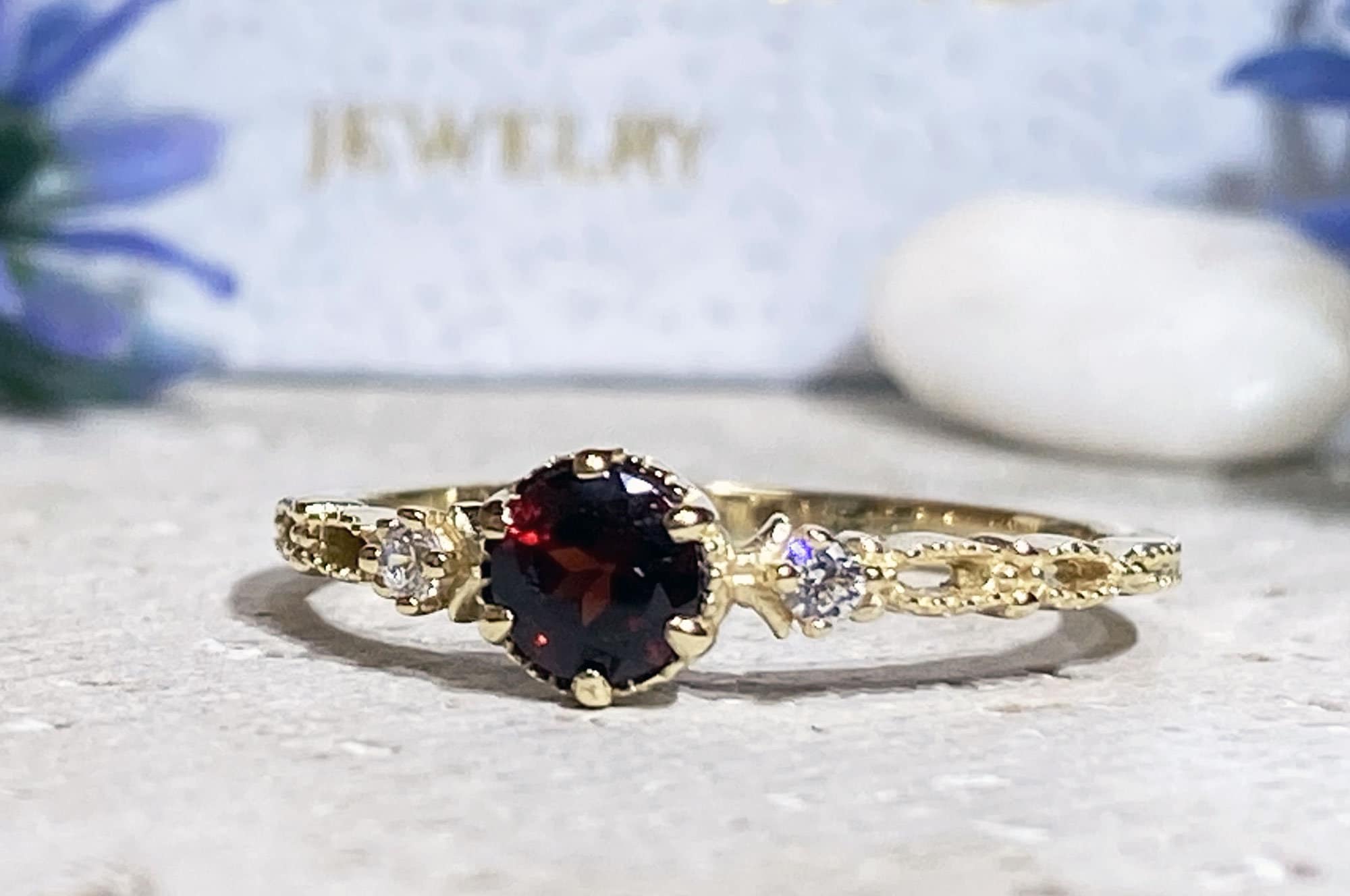 Red Garnet Ring - January Birthstone - Delicate Ring with Round Red Garnet Gemstone and Clear Quartz Accents - H.L.Jewelry