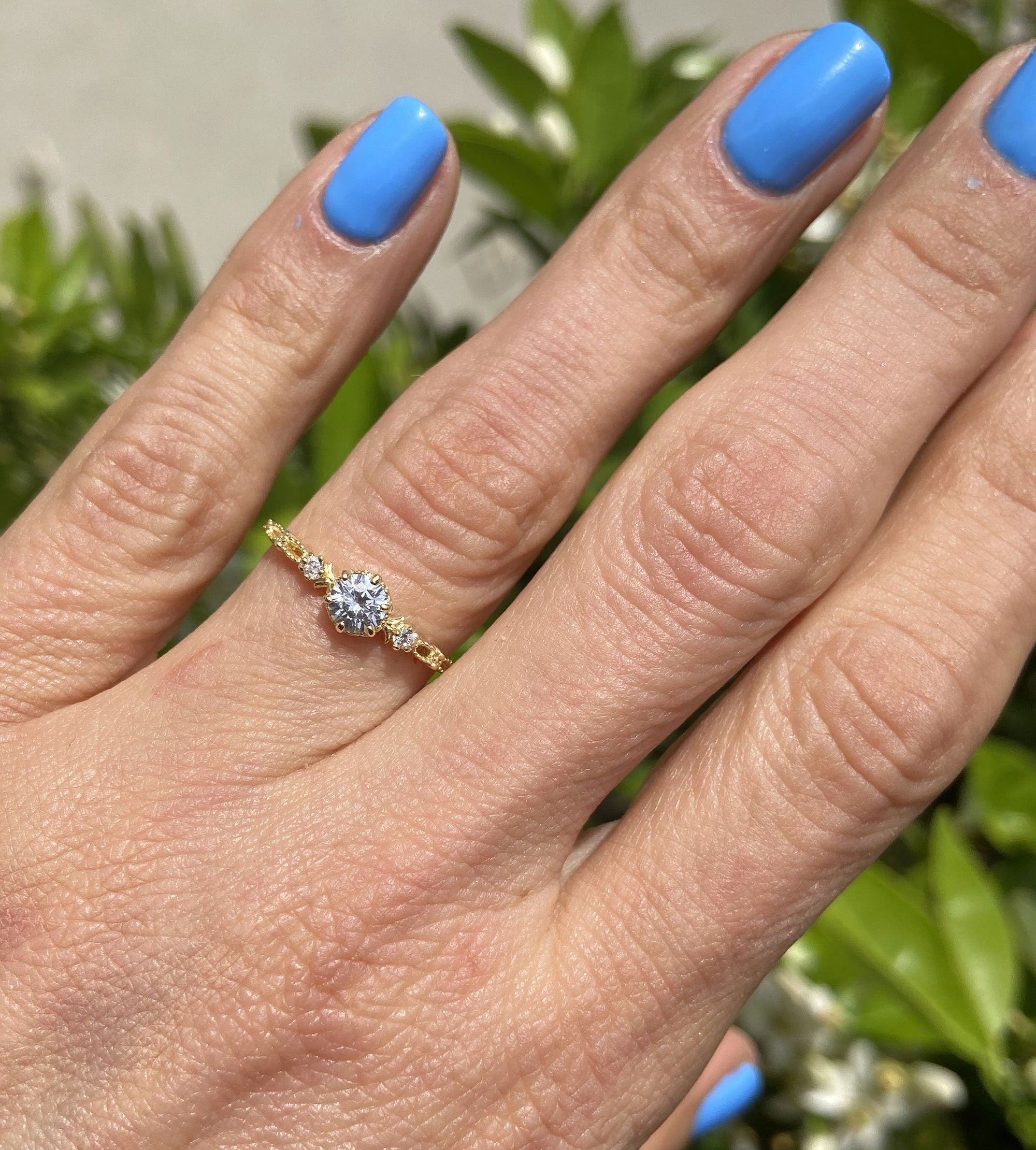 Clear Quartz Ring - April Birthstone - Delicate Ring with Round Clear Quartz Center Stone and Small Clear Quartz Accents - H.L.Jewelry