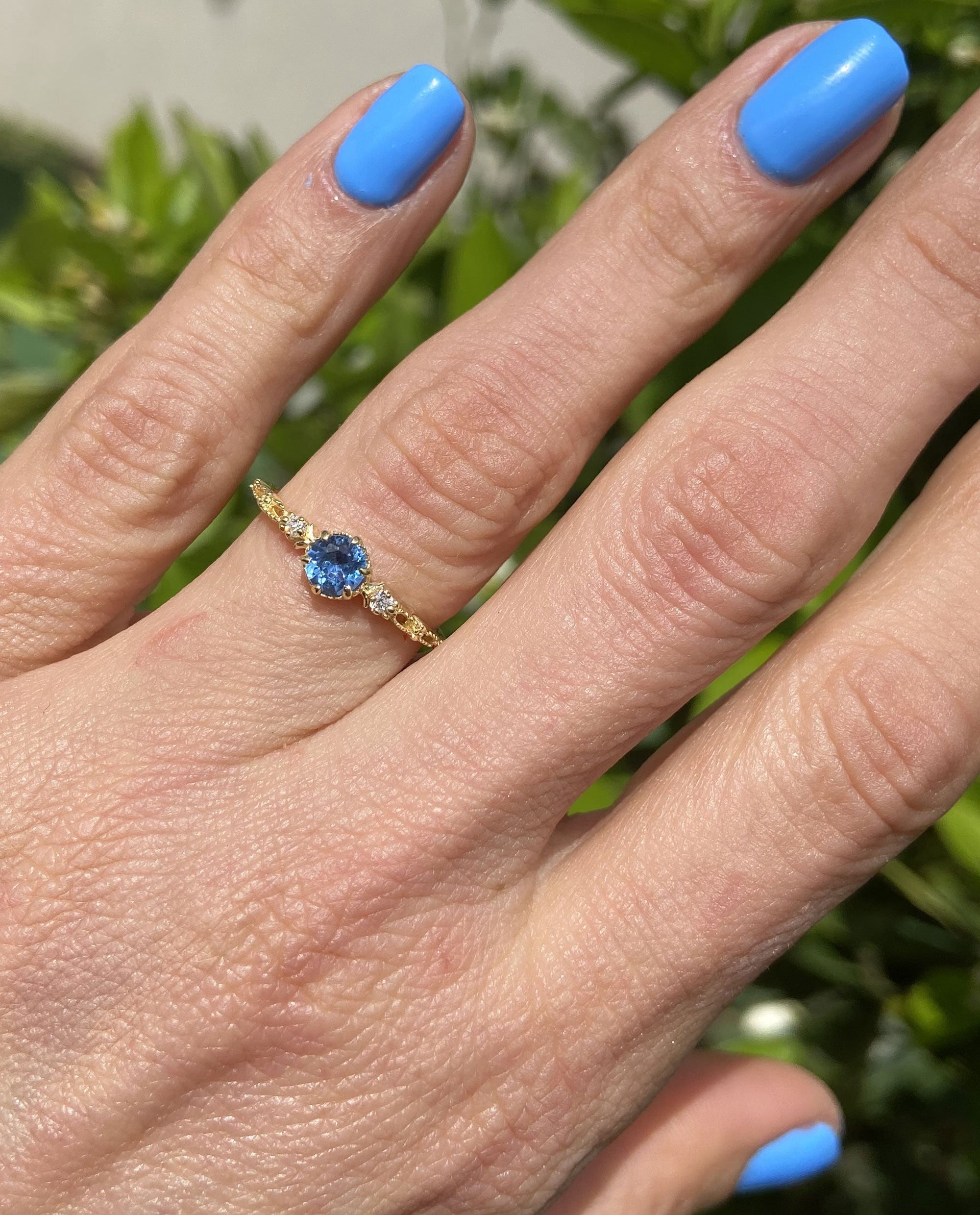 Blue Topaz Ring - December Birthstone - Tiny Delicate Ring with Round Blue Topaz Gemstone and Clear Quartz Accents - H.L.Jewelry