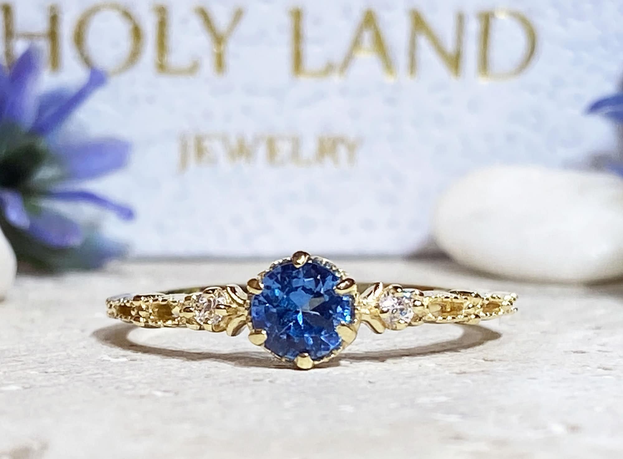 Blue Topaz Ring - December Birthstone - Tiny Delicate Ring with Round Blue Topaz Gemstone and Clear Quartz Accents - H.L.Jewelry