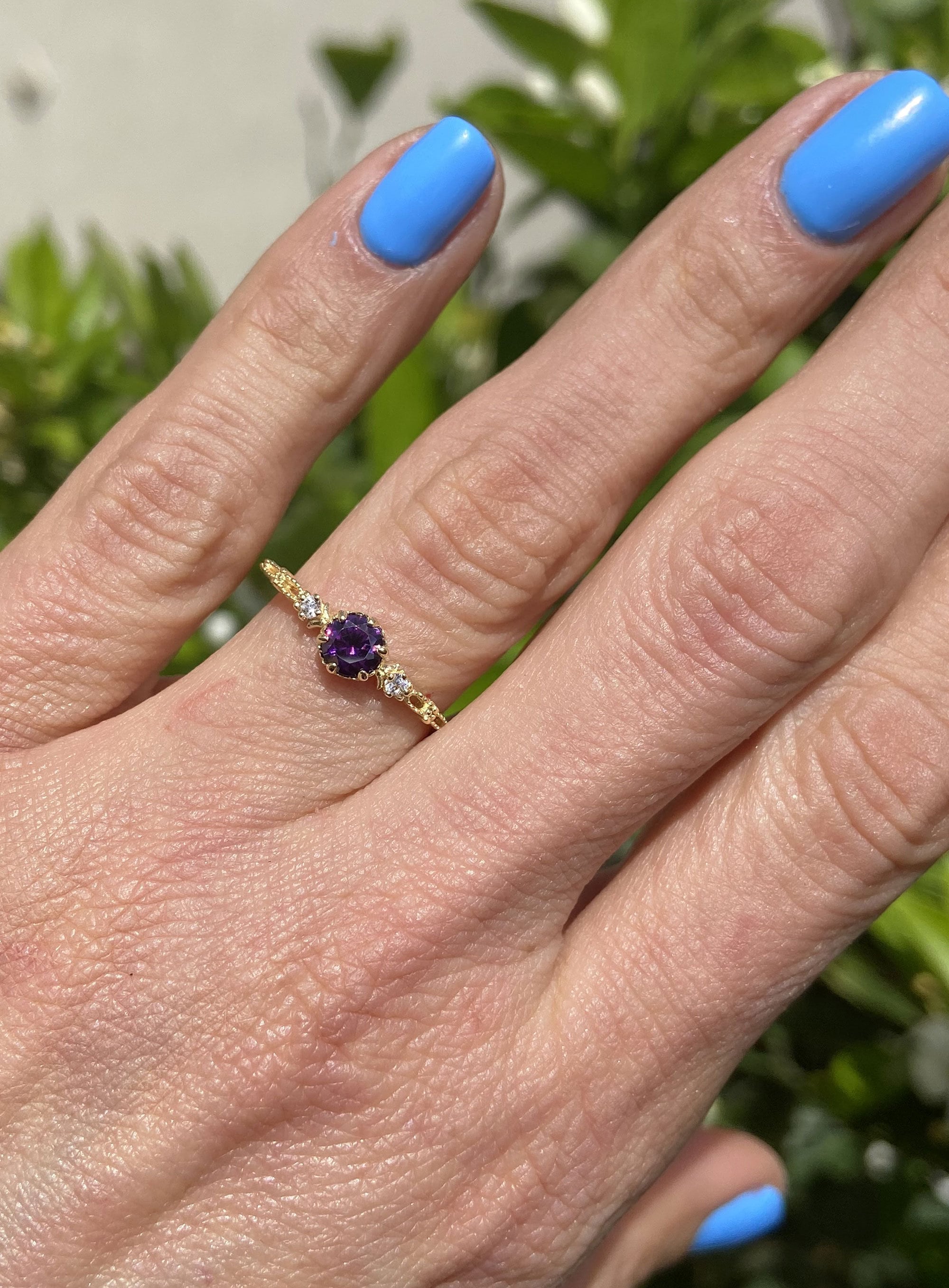 Amethyst Ring - February Birthstone - Ring with Round Amethyst Center Stone and Clear Quartz Accents - H.L.Jewelry