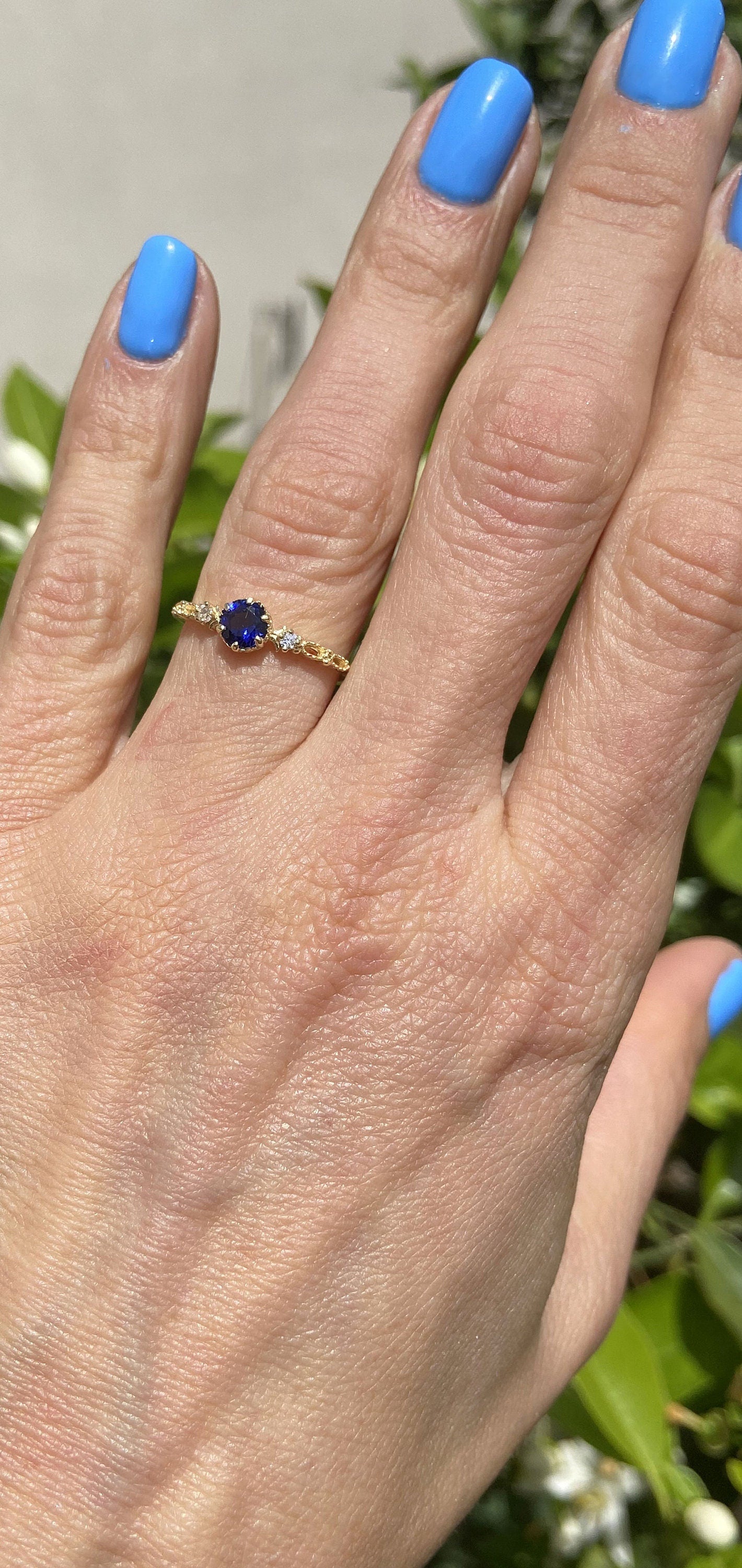 Blue Sapphire Ring - September Birthstone - Tiny Delicate Ring with Round Blue Sapphire Gemstone and Clear Quartz Accents - H.L.Jewelry