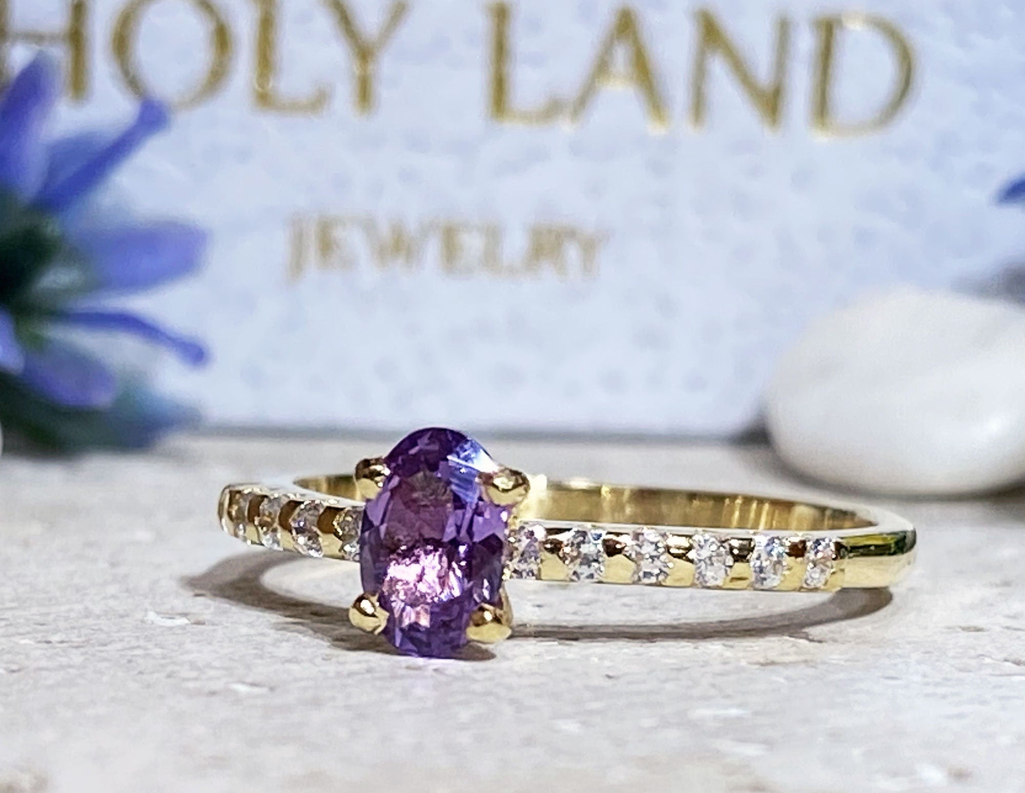 Alexandrite Ring - June Birthstone - Ring with Oval Alexandrite Gemstone and Clear Quartz Accents - H.L.Jewelry