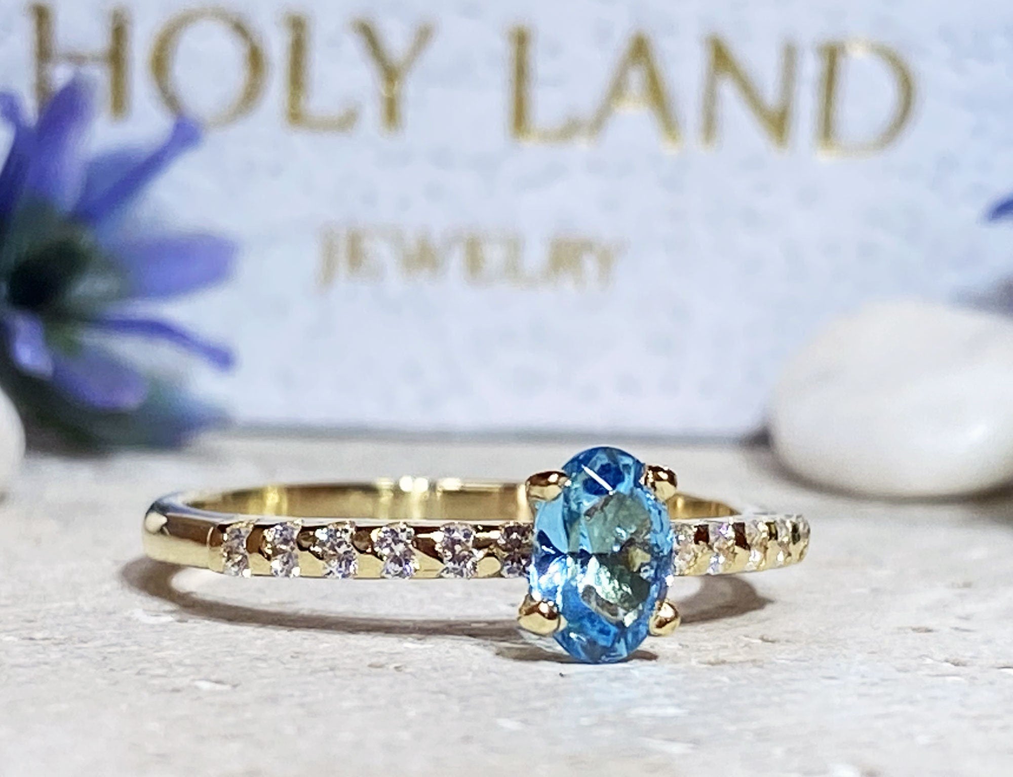 Blue Topaz Ring - December Birthstone - Delicate Oval Blue Topaz Gemstone Ring with Clear Quartz Accents - H.L.Jewelry