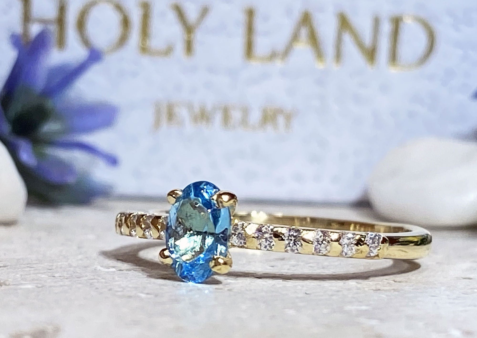 Blue Topaz Ring - December Birthstone - Delicate Oval Blue Topaz Gemstone Ring with Clear Quartz Accents - H.L.Jewelry