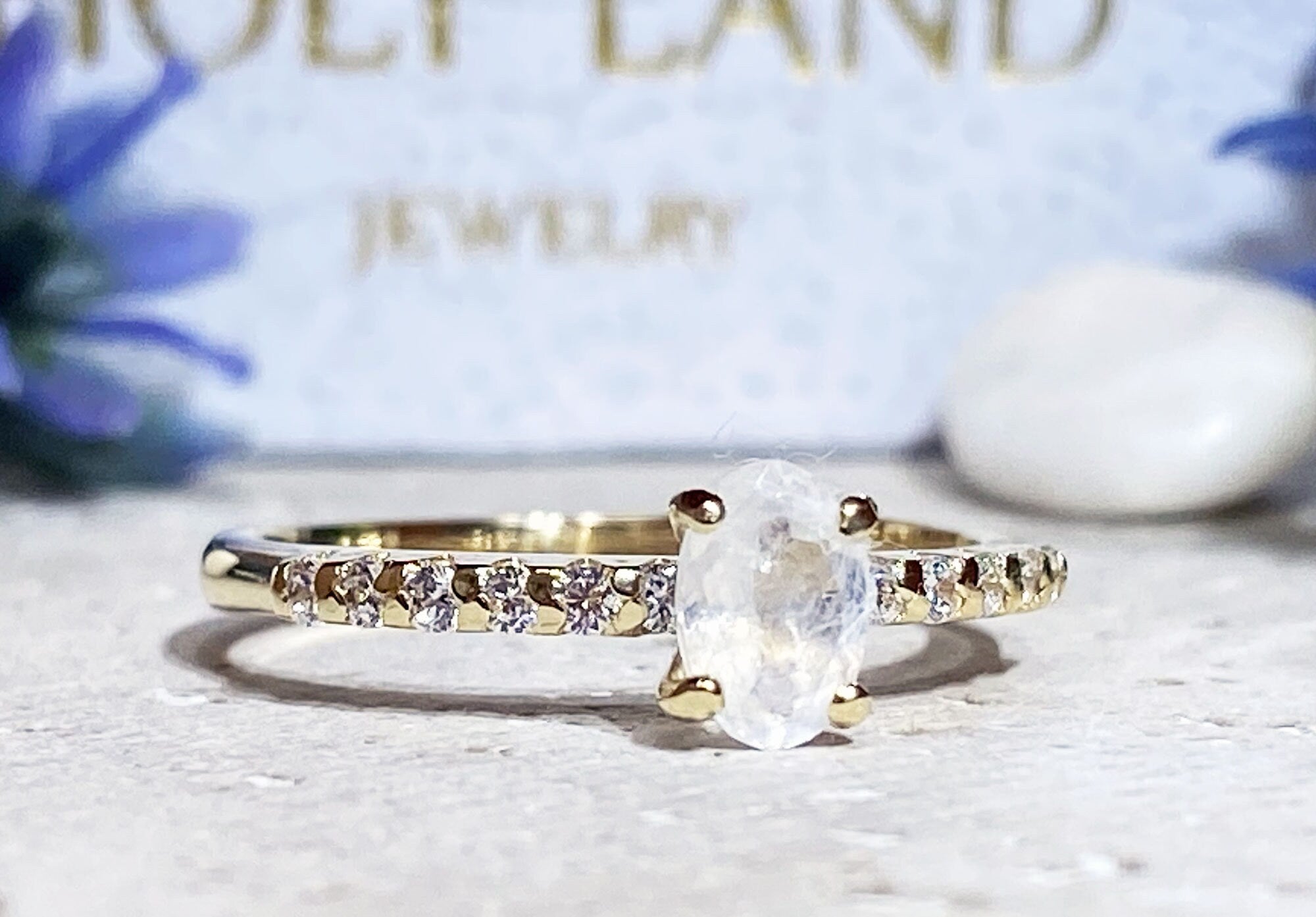 Rainbow Moonstone Ring - June Birthstone - Oval Rainbow Moonstone Ring with Clear Quartz Accents - H.L.Jewelry