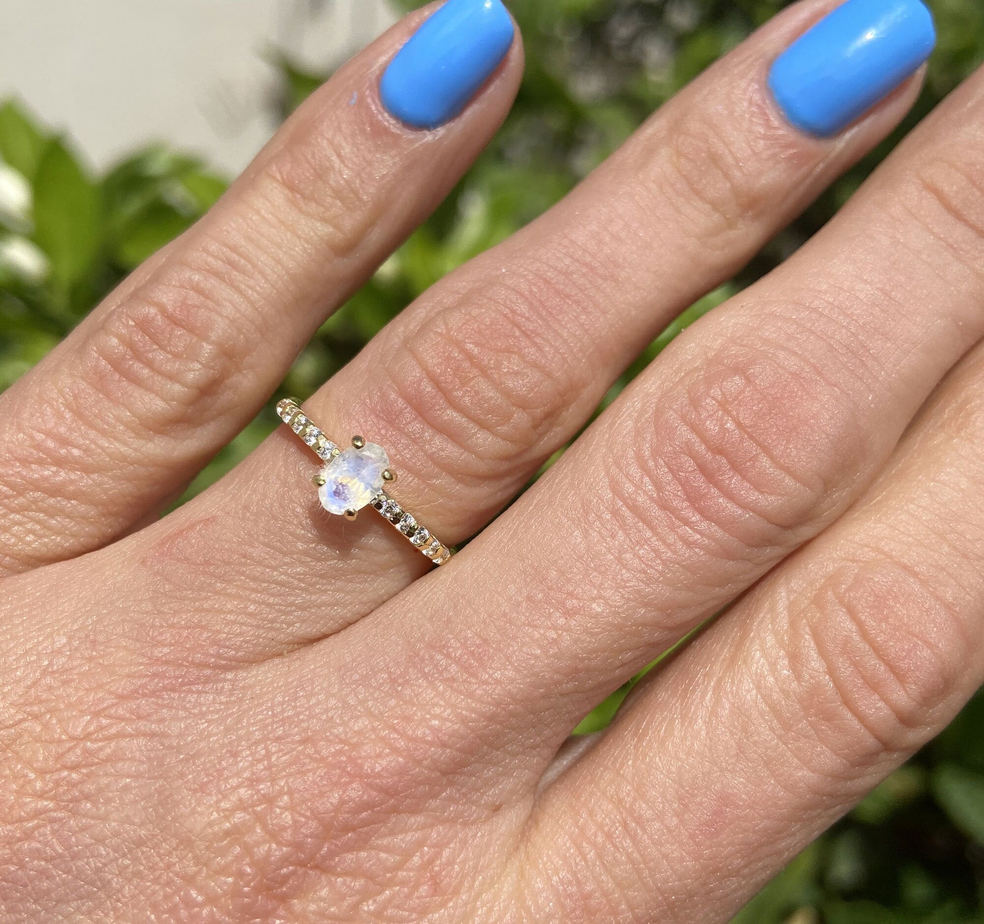 Rainbow Moonstone Ring - June Birthstone - Oval Rainbow Moonstone Ring with Clear Quartz Accents - H.L.Jewelry