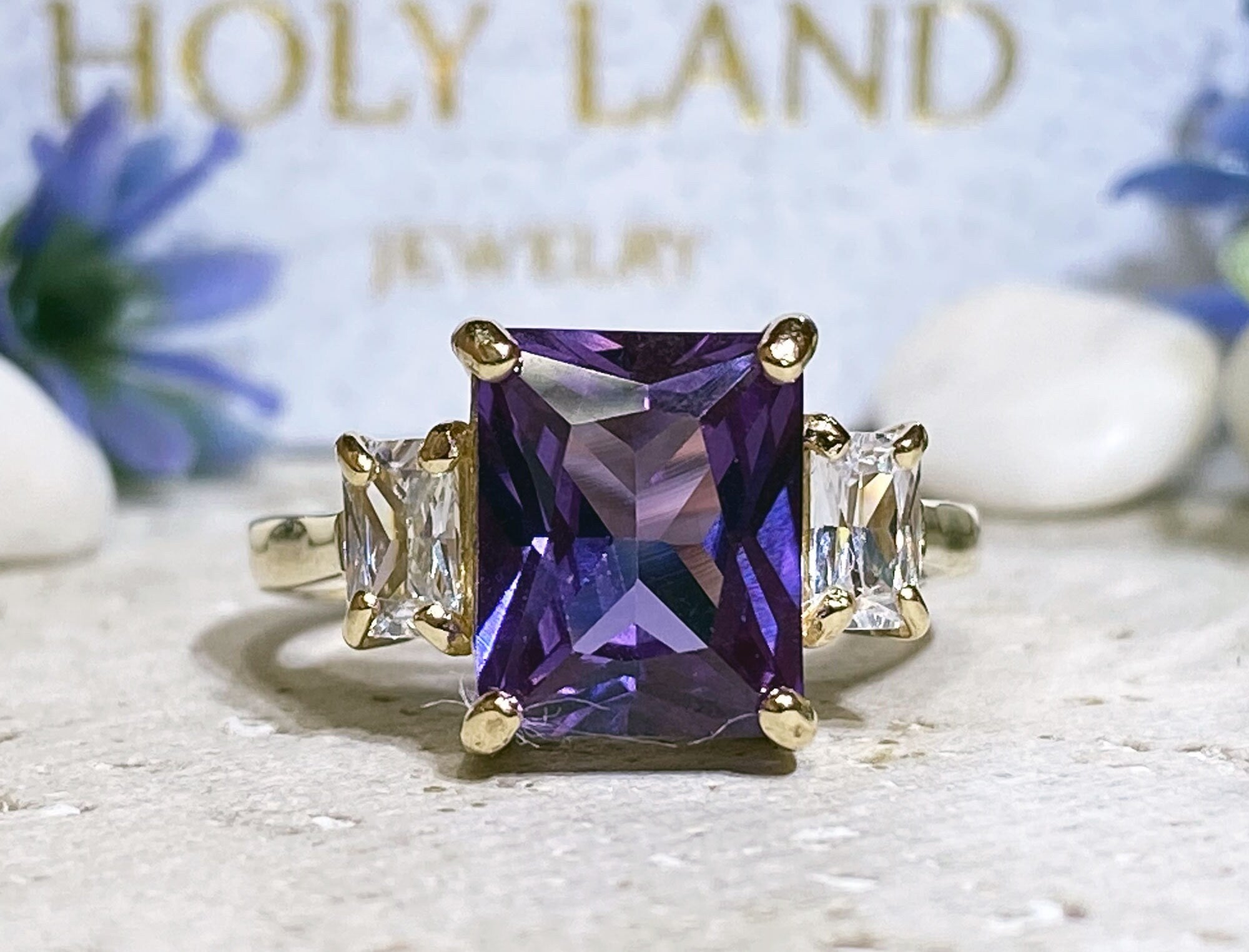 Alexandrite Ring - June Birthstone - Octagon Alexandrite Engagement Ring with Clear Quartz Accents - H.L.Jewelry