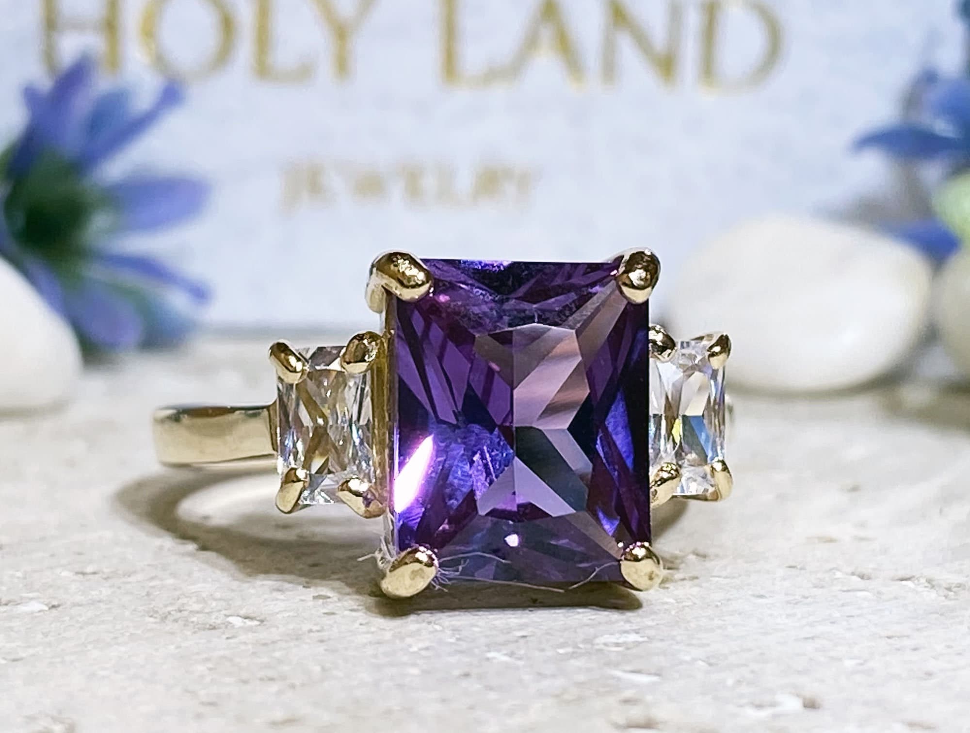 Alexandrite Ring - June Birthstone - Octagon Alexandrite Engagement Ring with Clear Quartz Accents - H.L.Jewelry