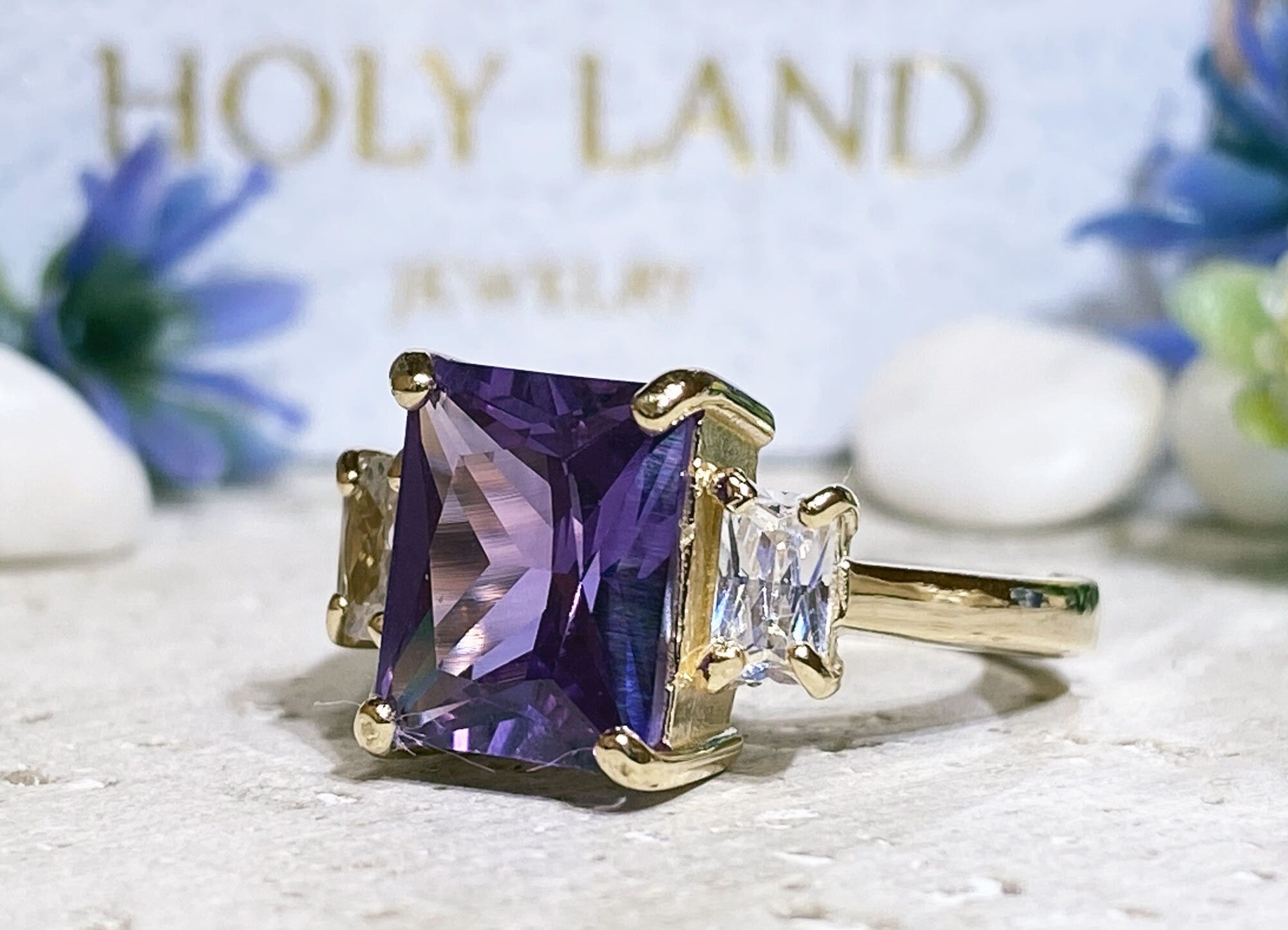 Alexandrite Ring - June Birthstone - Octagon Alexandrite Engagement Ring with Clear Quartz Accents - H.L.Jewelry