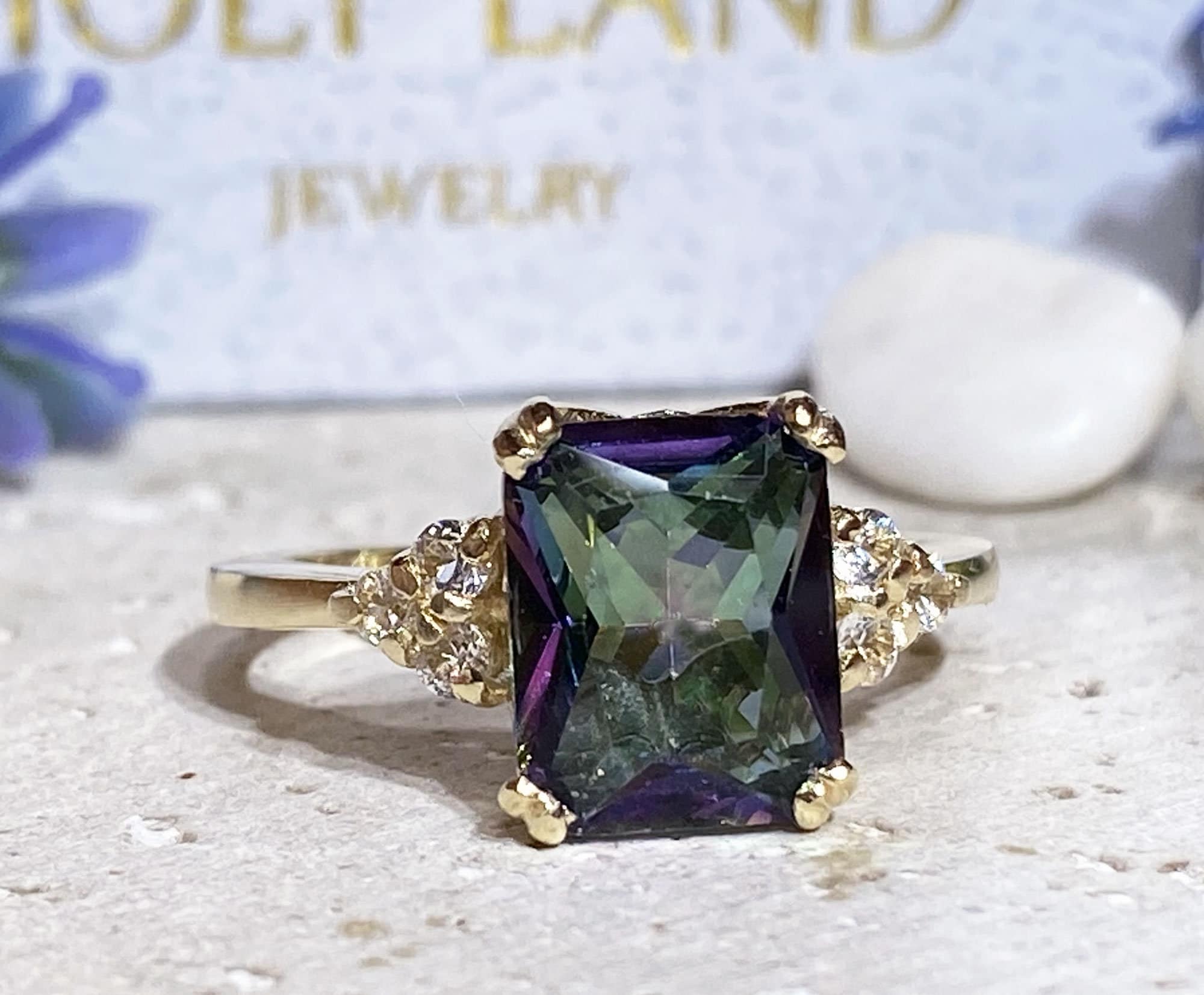 Mystic Topaz Ring - Change Color Ring - Statement Engagement Ring with Octagon Mystic Topaz Middle Gemstone and Clear Quartz Accents - H.L.Jewelry