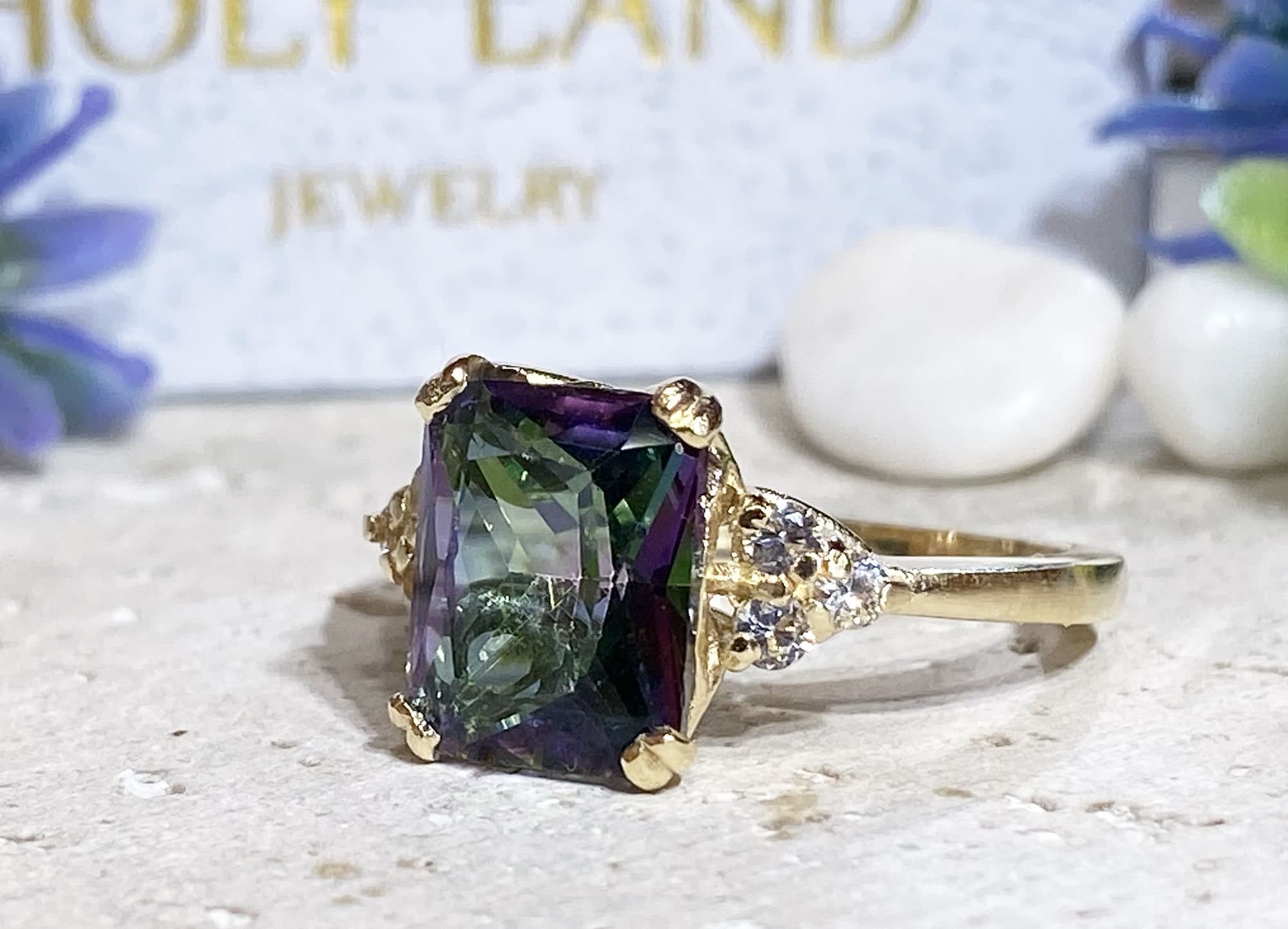 Mystic Topaz Ring - Change Color Ring - Statement Engagement Ring with Octagon Mystic Topaz Middle Gemstone and Clear Quartz Accents - H.L.Jewelry