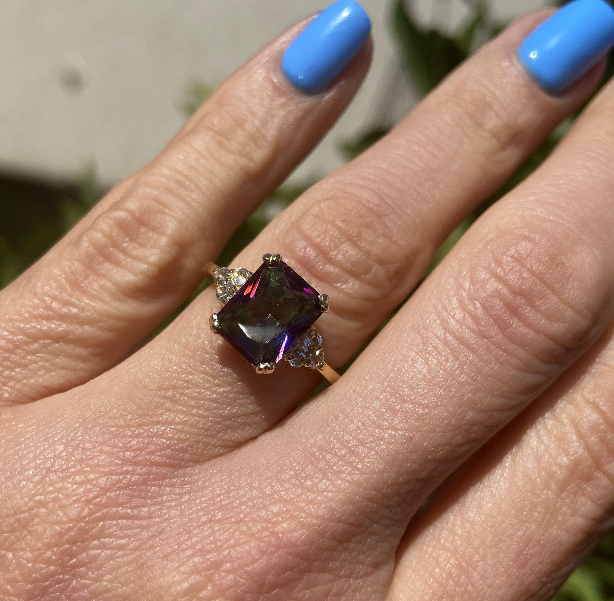 Mystic Topaz Ring - Change Color Ring - Statement Engagement Ring with Octagon Mystic Topaz Middle Gemstone and Clear Quartz Accents - H.L.Jewelry