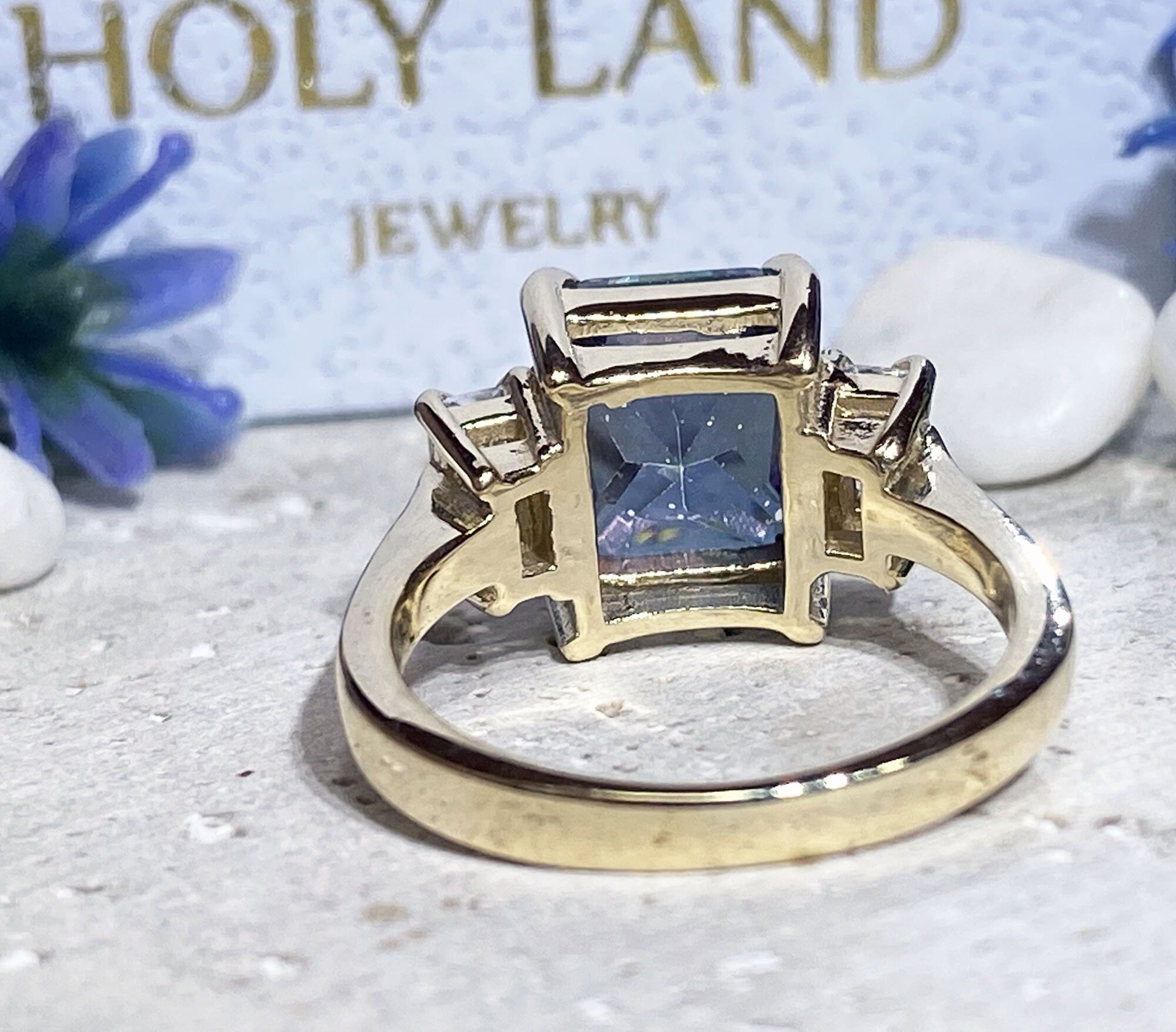 Mystic Topaz Ring - Change Color Ring - Statement Engagement Ring with Octagon Mystic Topaz Gemstone and Clear Quartz Accents - H.L.Jewelry