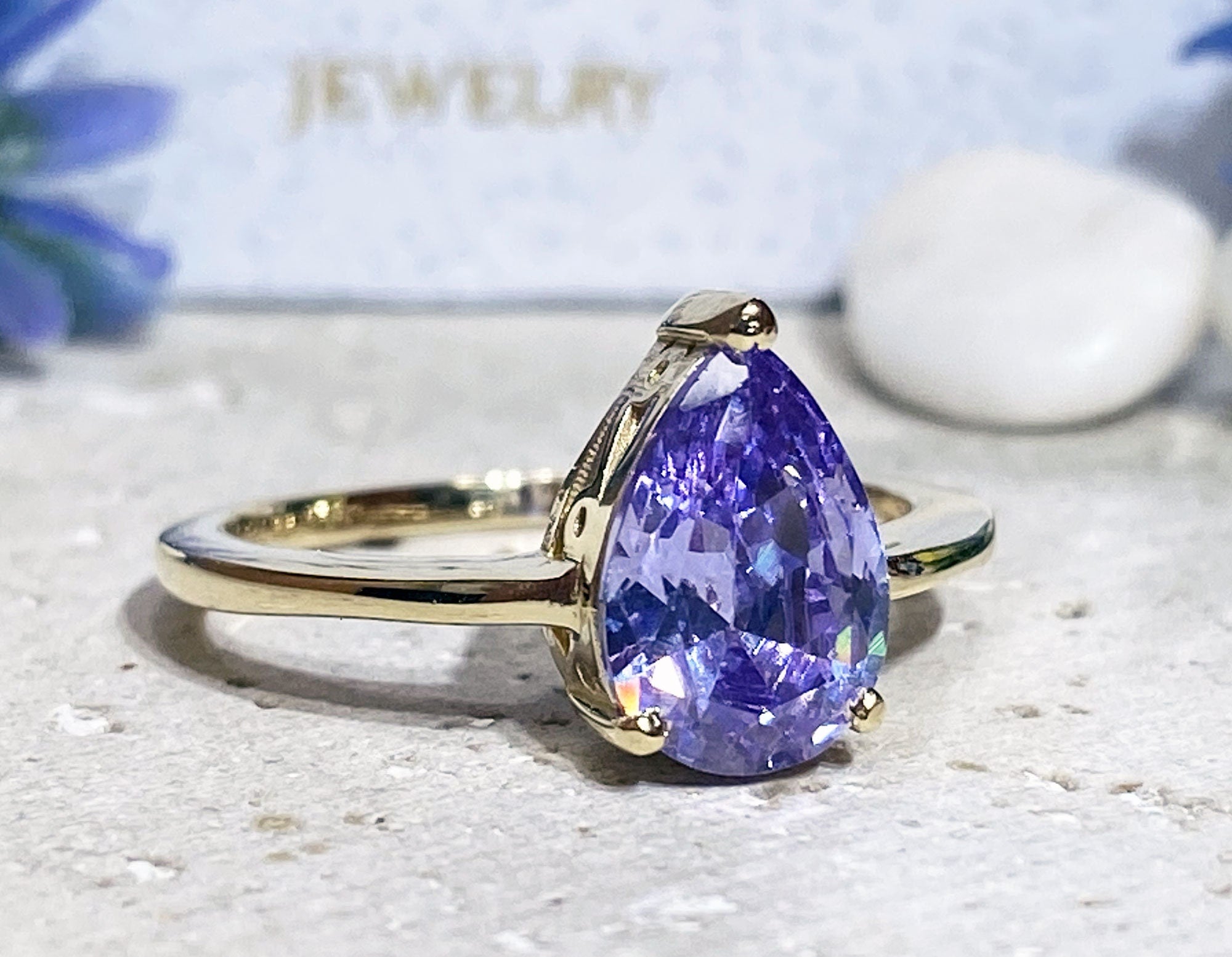 Lavender Amethyst Ring - Lace Setting Ring with Pear-Shaped Lavender Amethyst Gemstone - H.L.Jewelry