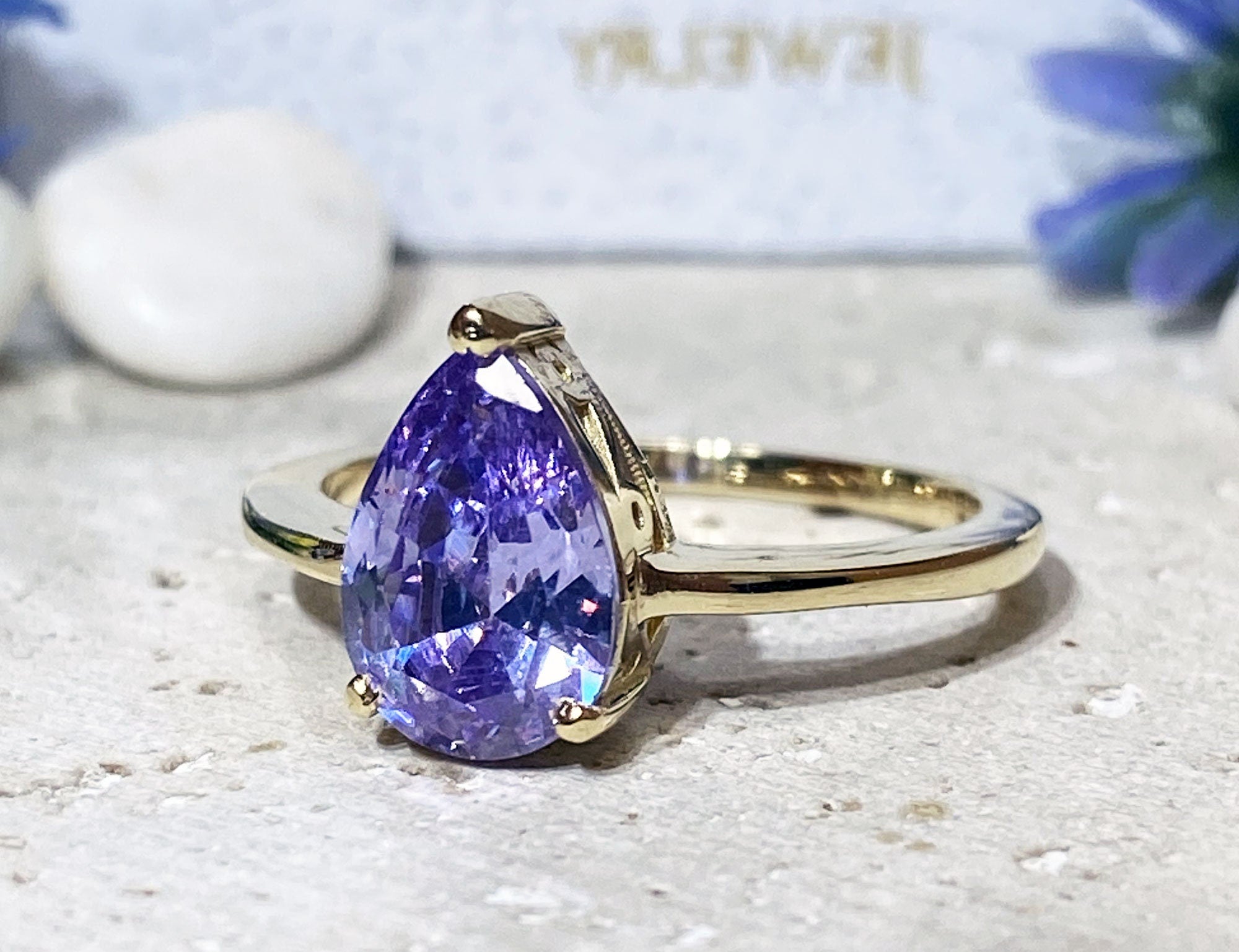 Lavender Amethyst Ring - Lace Setting Ring with Pear-Shaped Lavender Amethyst Gemstone - H.L.Jewelry