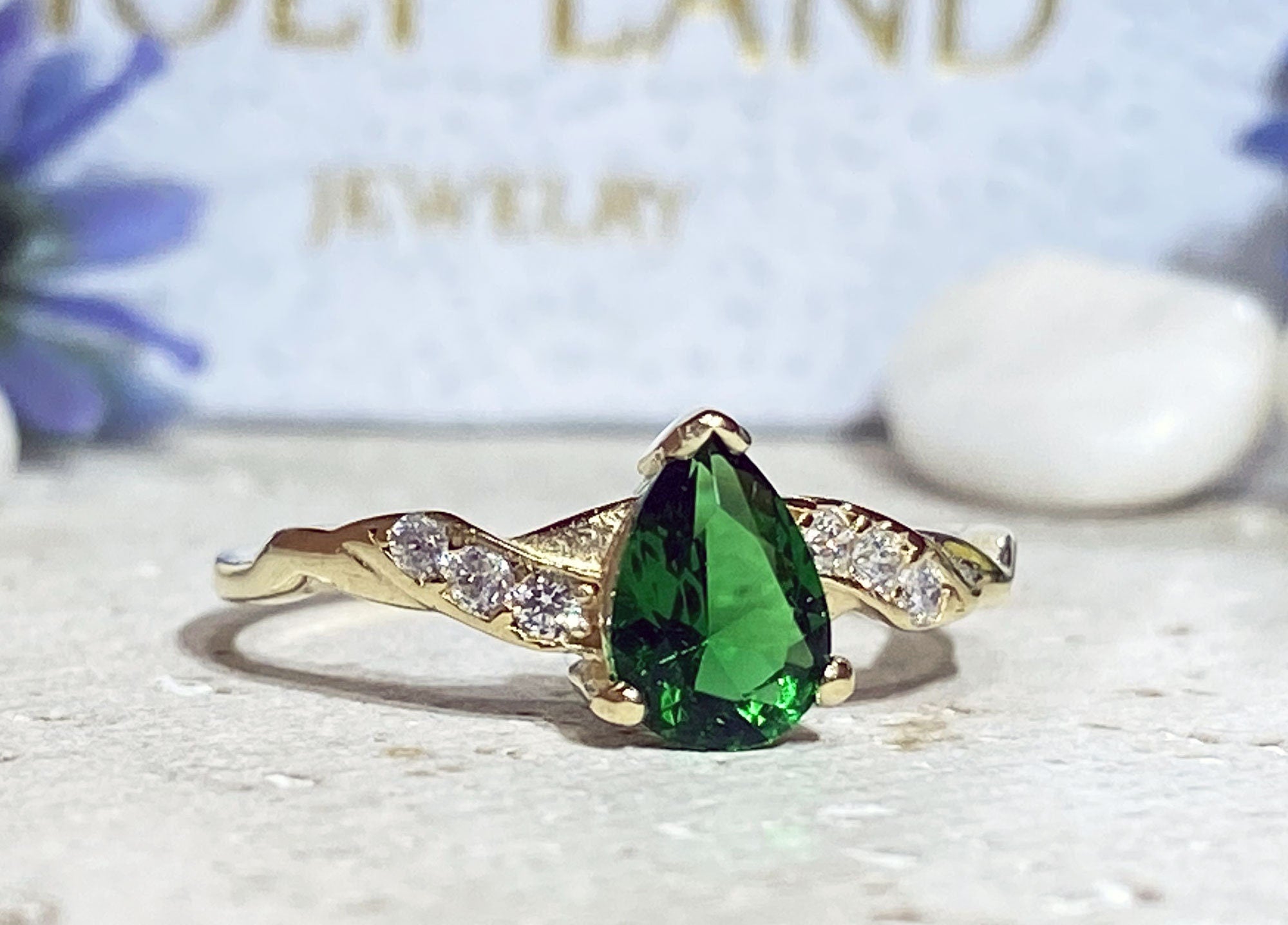 Emerald Ring - May Birthstone - Delicate Ring with Pear-Shaped Emerald Gemstone and Clear Quartz Accents - H.L.Jewelry