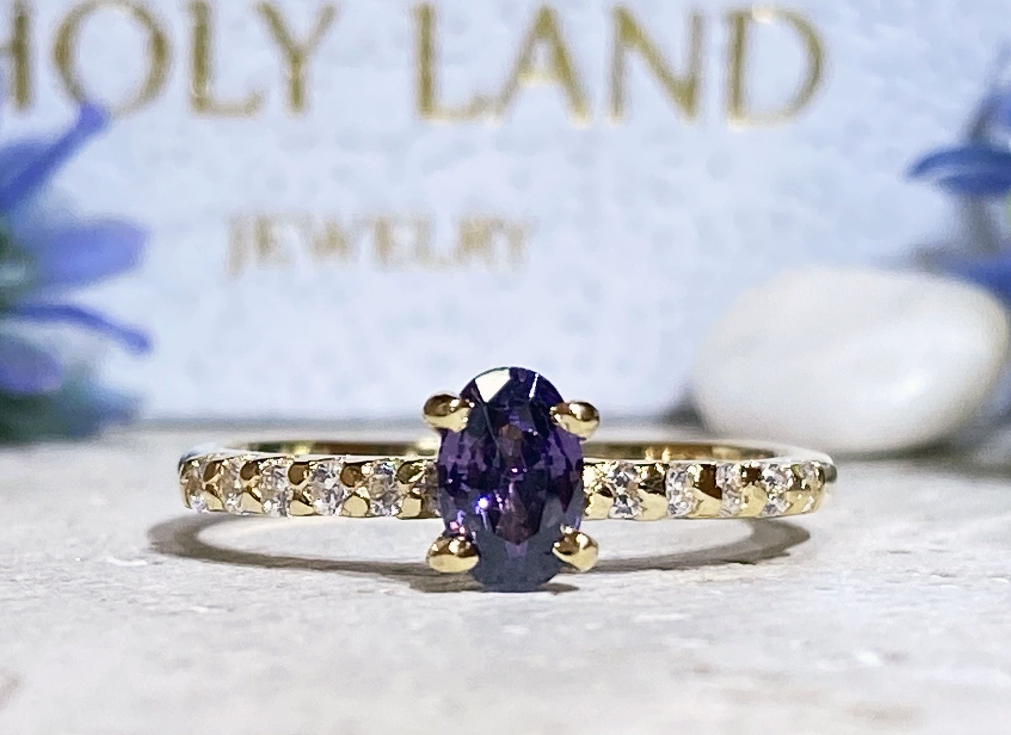 Amethyst Ring - February Birthstone - Oval Amethyst Ring with Clear Quartz Accents - H.L.Jewelry