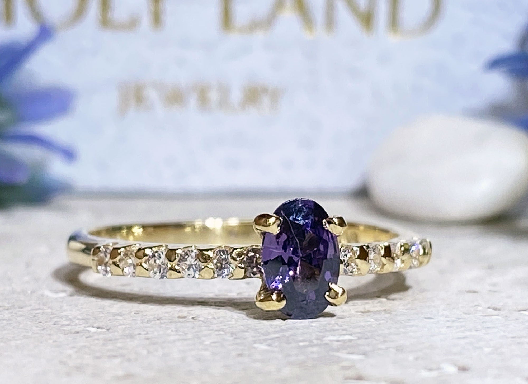 Amethyst Ring - February Birthstone - Oval Amethyst Ring with Clear Quartz Accents - H.L.Jewelry