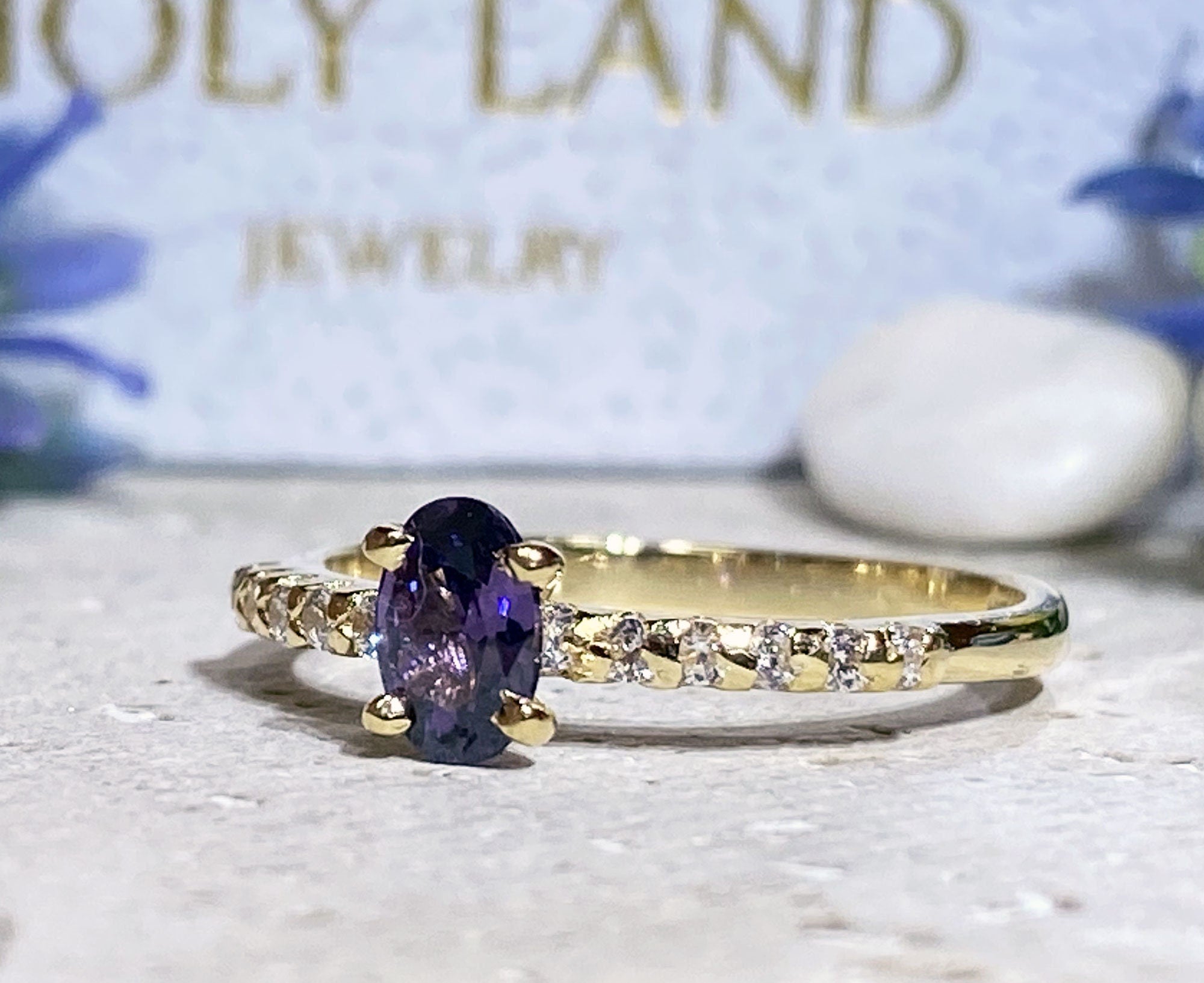 Amethyst Ring - February Birthstone - Oval Amethyst Ring with Clear Quartz Accents - H.L.Jewelry