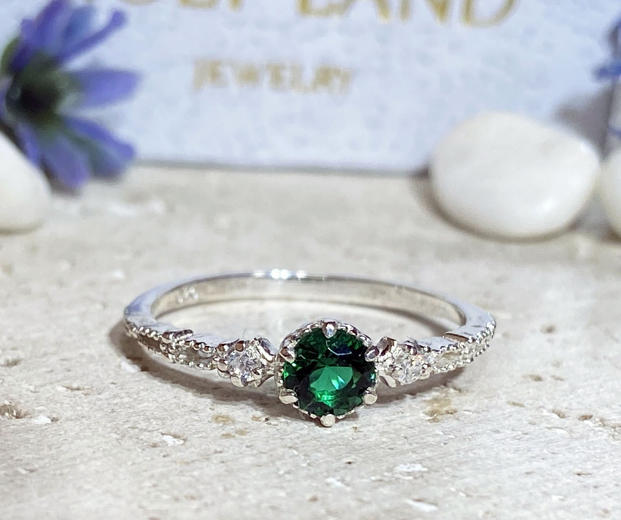 Emerald Ring - May Birthstone - Delicate Ring with Round Emerald Gemstone and Clear Quartz Accents - H.L.Jewelry