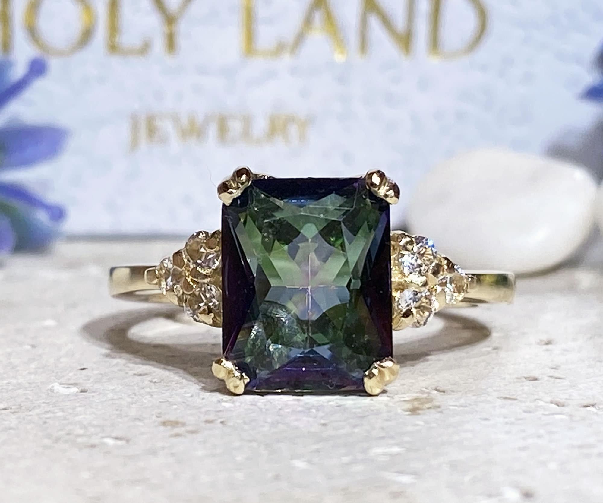 Mystic Topaz Ring - Change Color Ring - Statement Engagement Ring with Octagon Mystic Topaz Middle Gemstone and Clear Quartz Accents - H.L.Jewelry