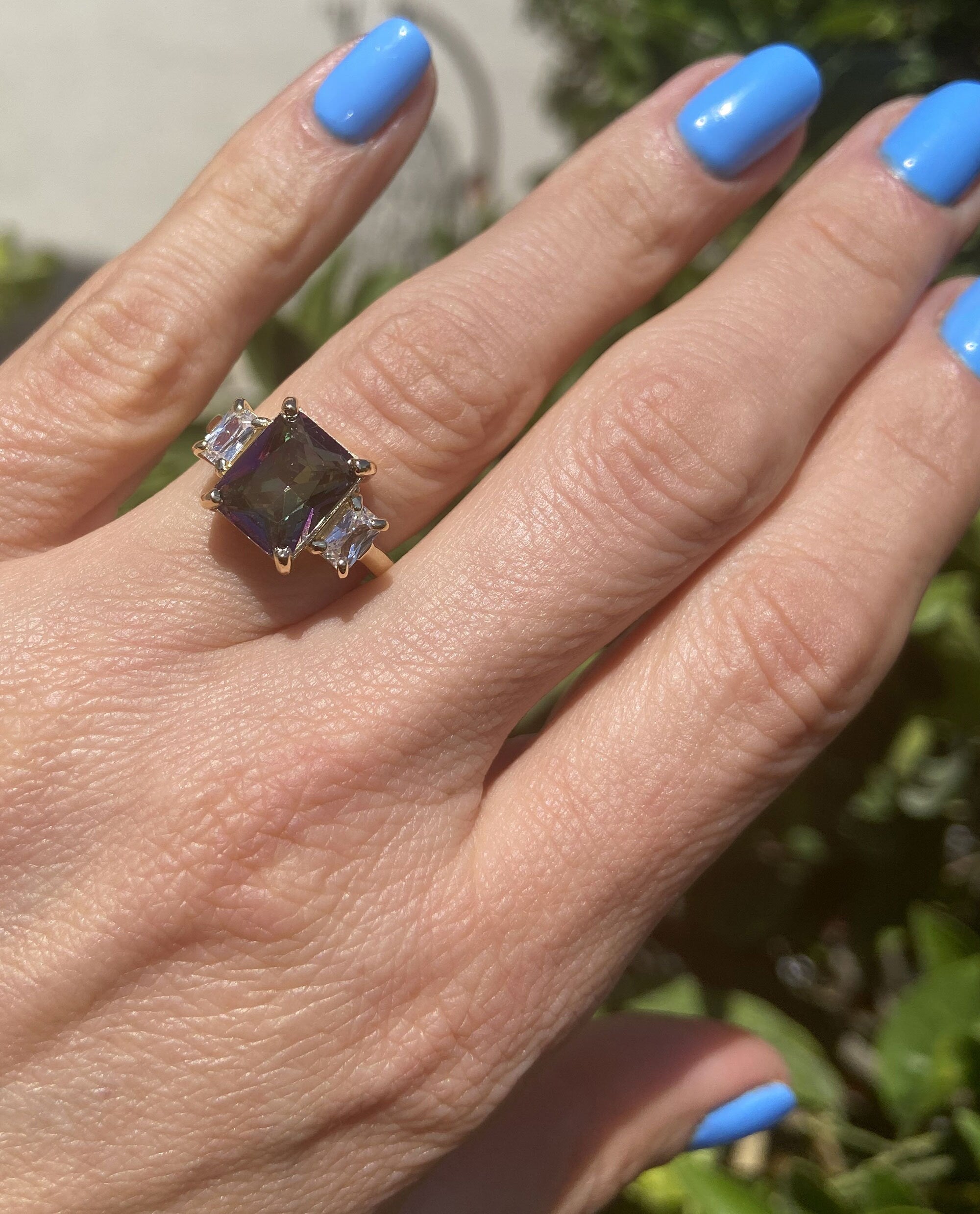 Mystic Topaz Ring - Change Color Ring - Statement Engagement Ring with Octagon Mystic Topaz Gemstone and Clear Quartz Accents - H.L.Jewelry